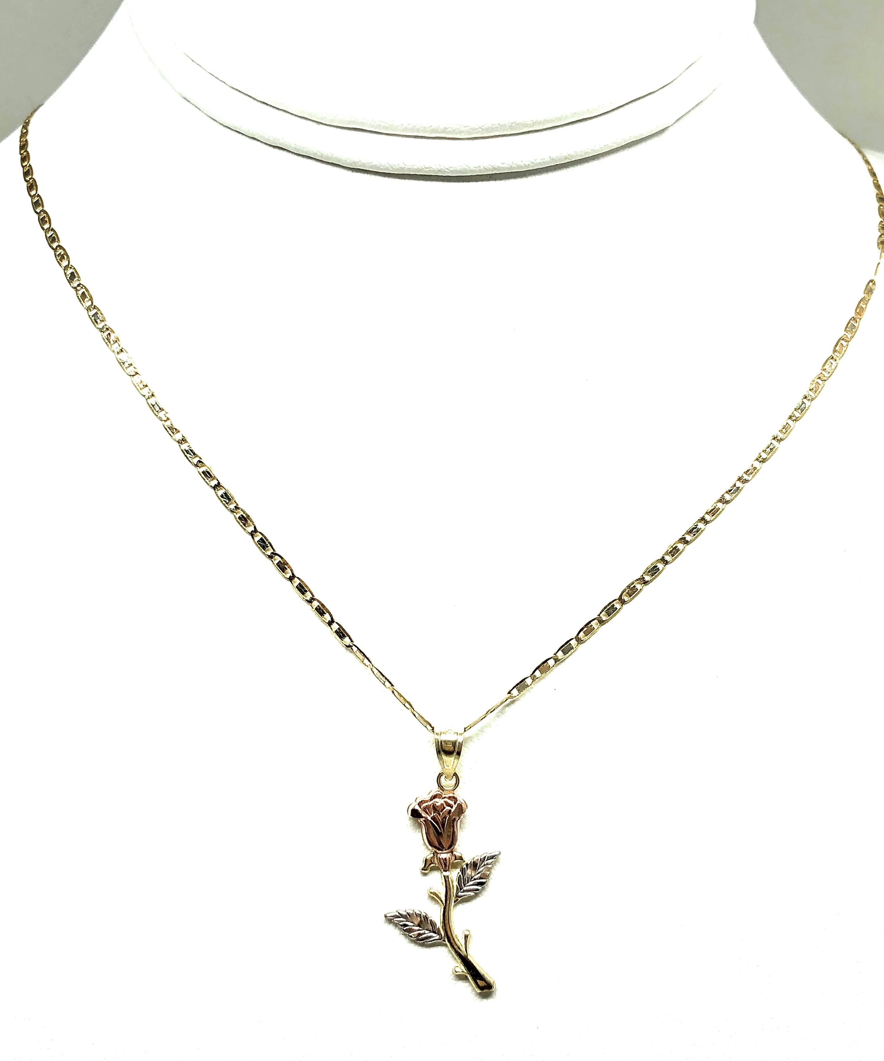 10k Solid Gold Tri-Color Rose Flower Pendant Necklace Valentina Chain - Image 4