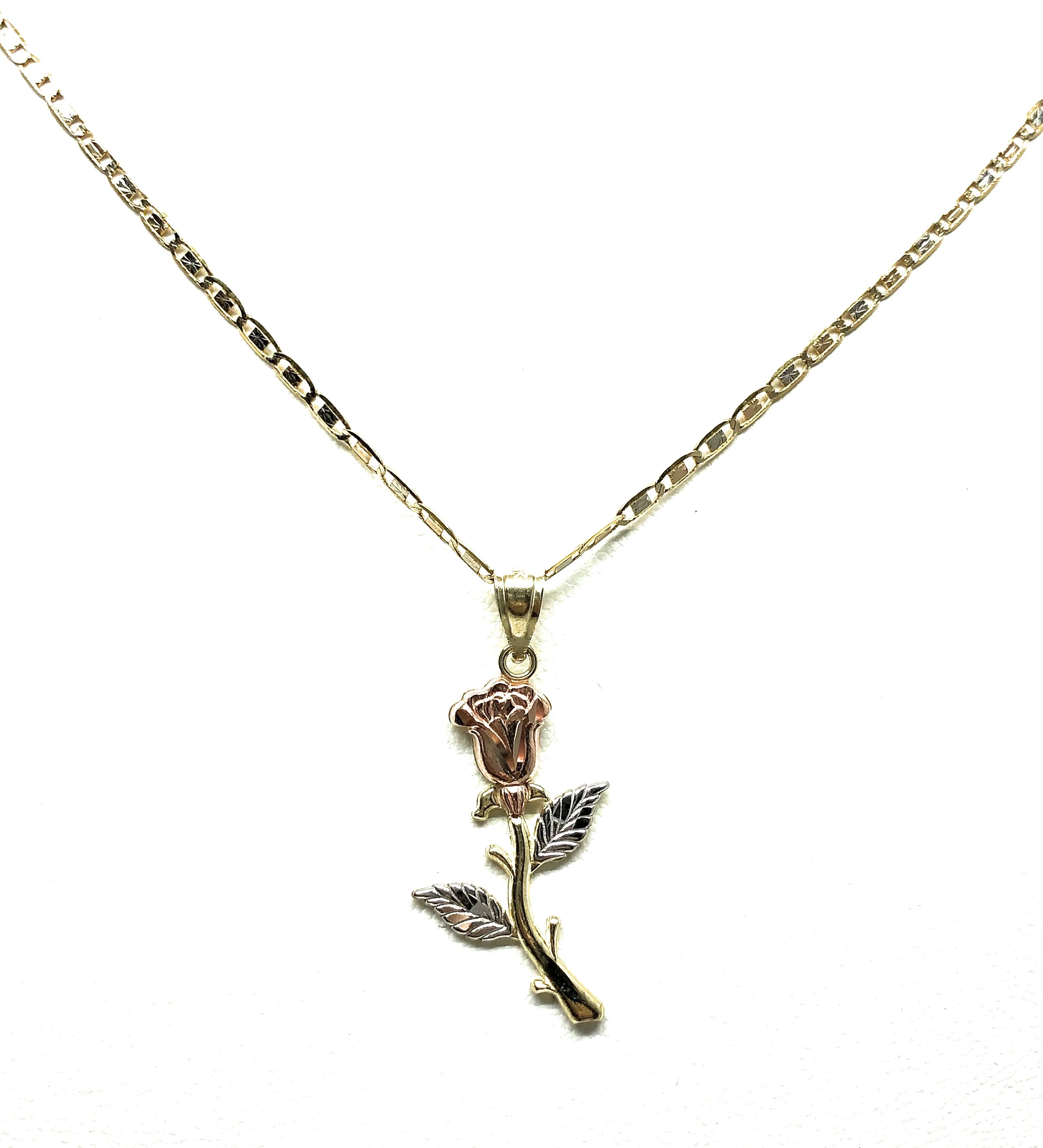 10k Solid Gold Tri-Color Rose Flower Pendant Necklace Valentina Chain - Image 5