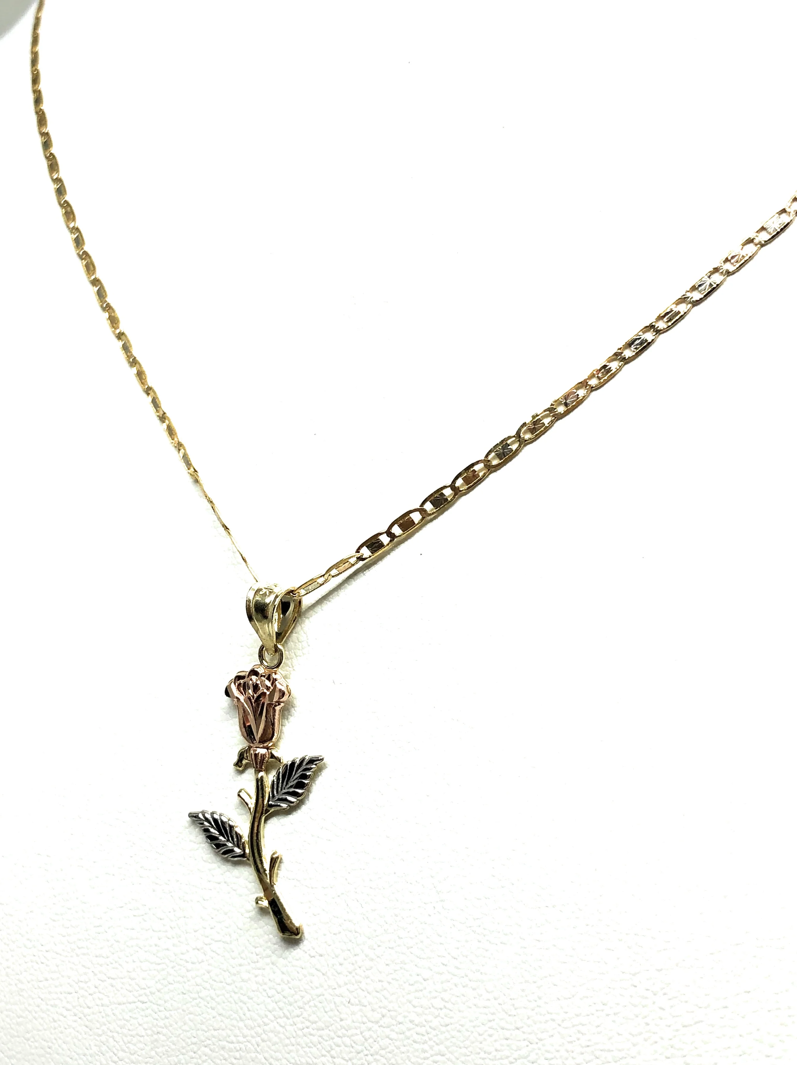 10k Solid Gold Tri-Color Rose Flower Pendant Necklace Valentina Chain - Image 6