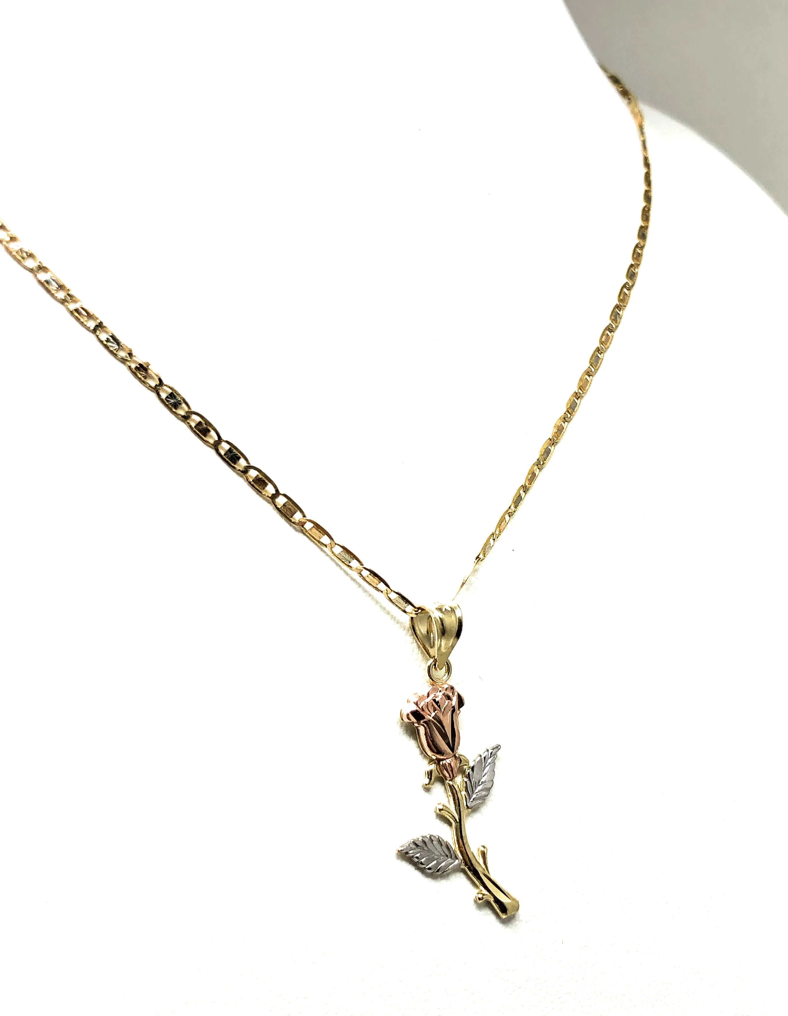 10k Solid Gold Tri-Color Rose Flower Pendant Necklace Valentina Chain - Image 7