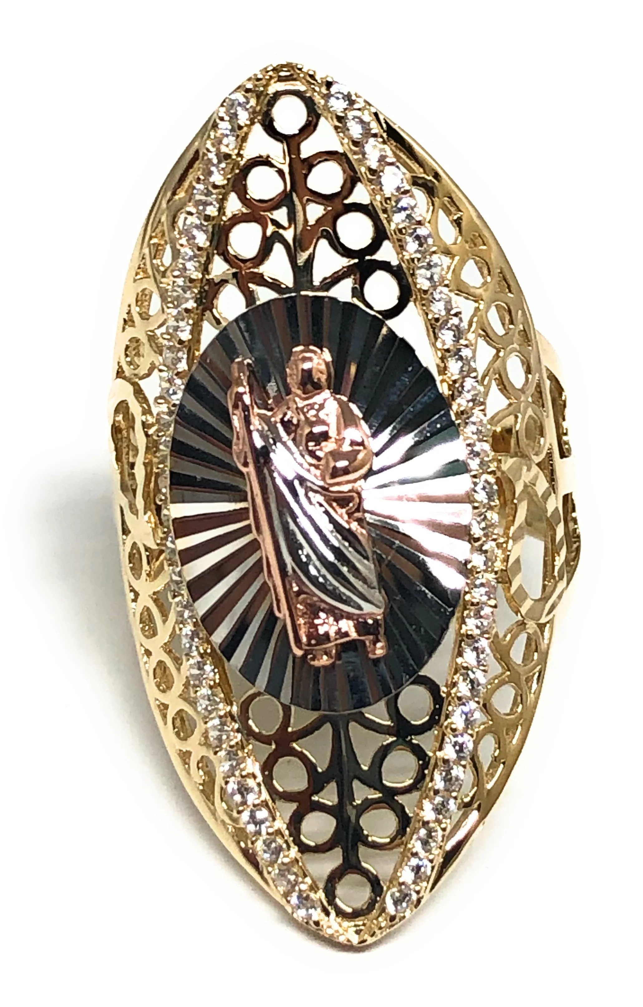 10k Solid Gold Tri-Color Saan Judas Oval Fancy CZ Ring (FC 75)