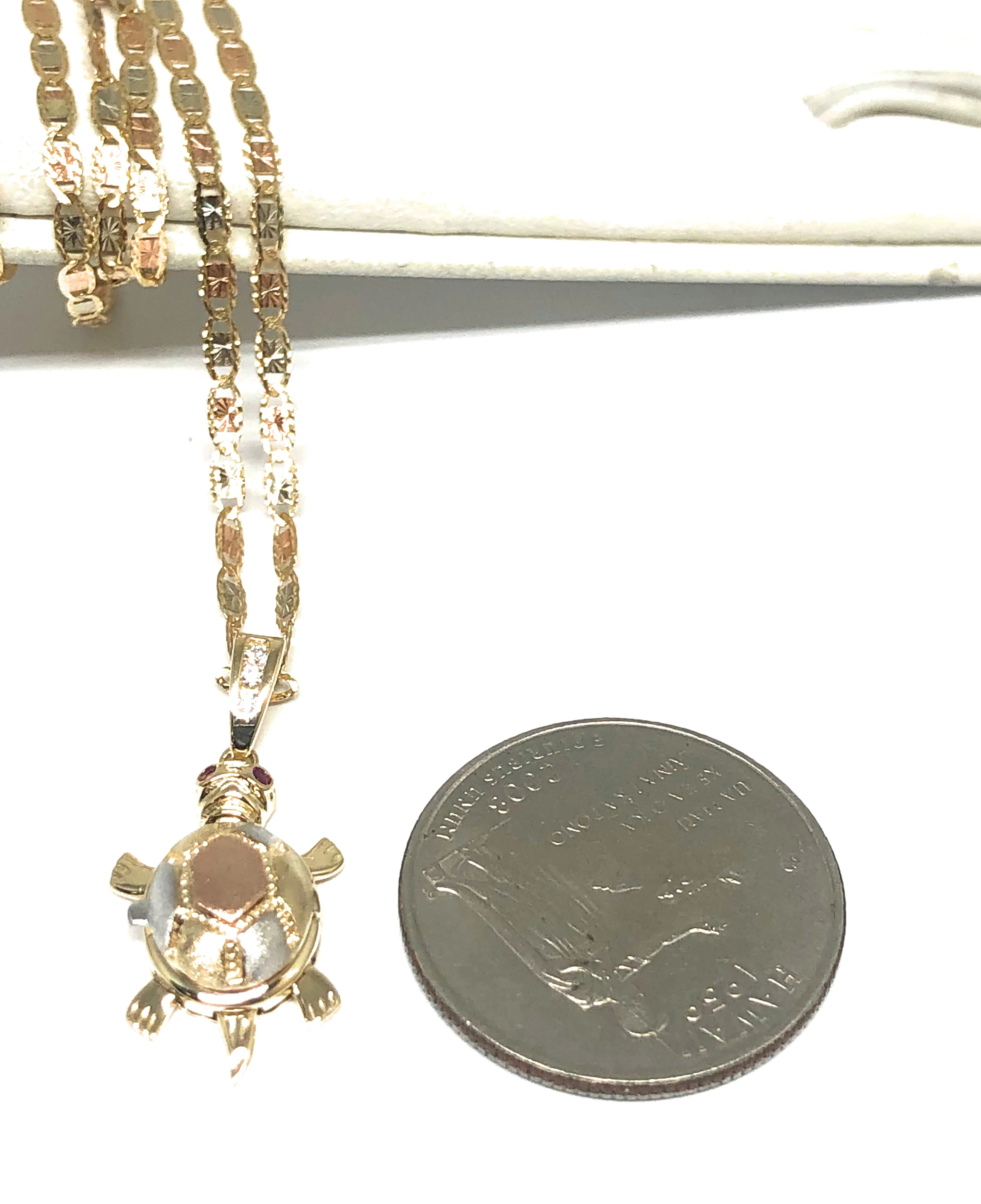 10k Solid Gold Tri-Color Turtle Virrgin Mary Pendant Necklace (Shell Opens) (FC) - Image 2