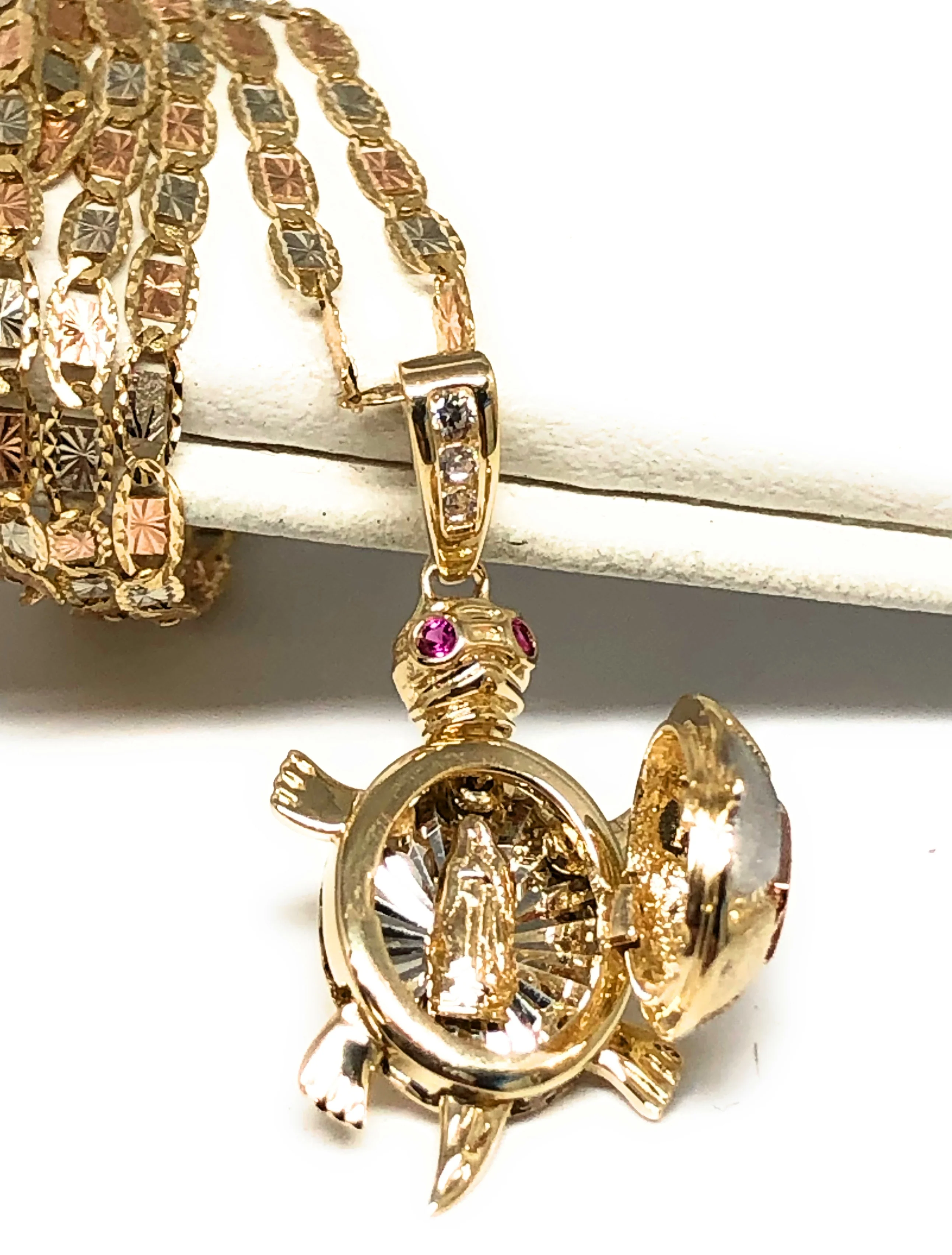 10k Solid Gold Tri-Color Turtle Virrgin Mary Pendant Necklace (Shell Opens) (FC) - Image 3