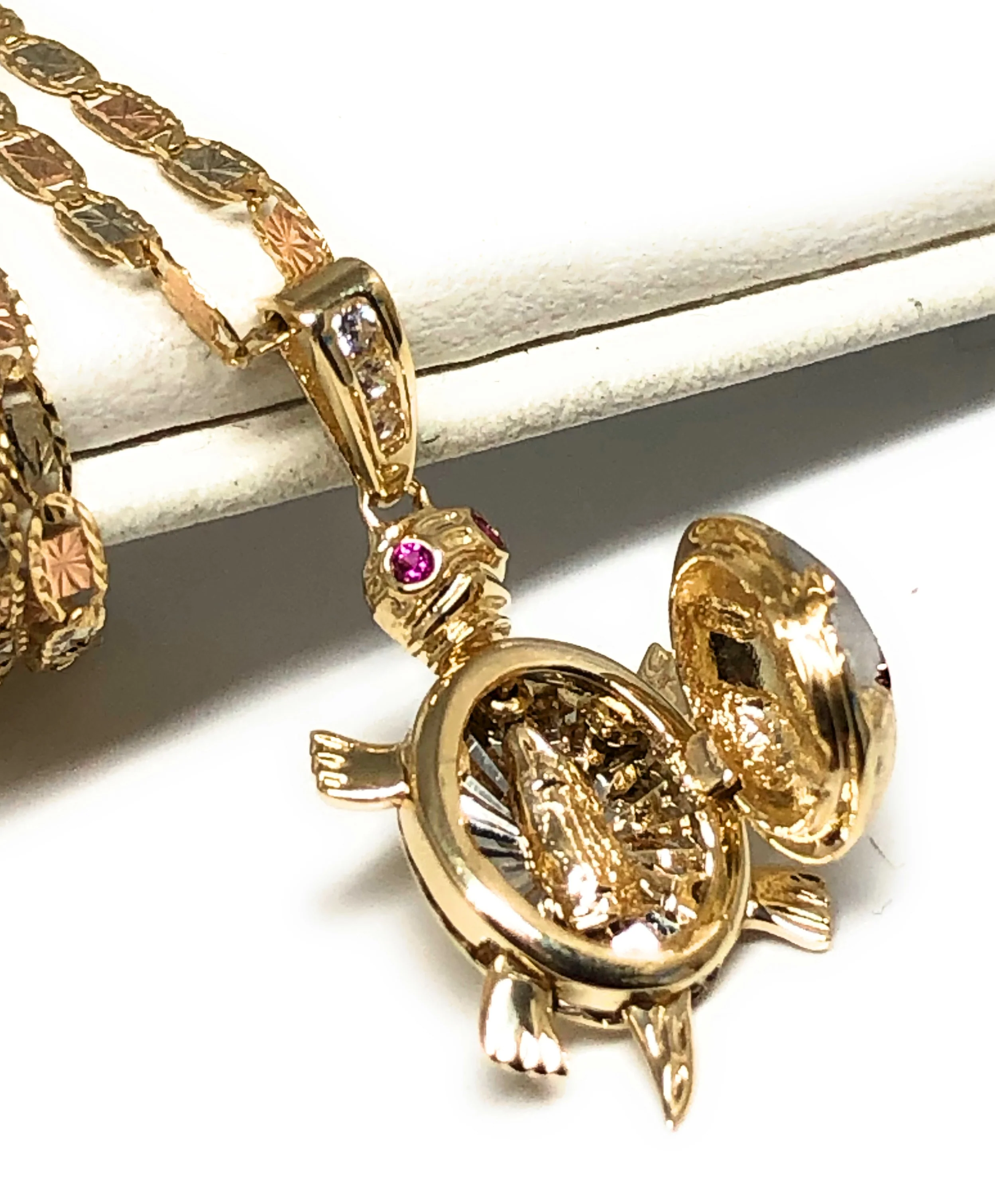 10k Solid Gold Tri-Color Turtle Virrgin Mary Pendant Necklace (Shell Opens) (FC) - Image 4
