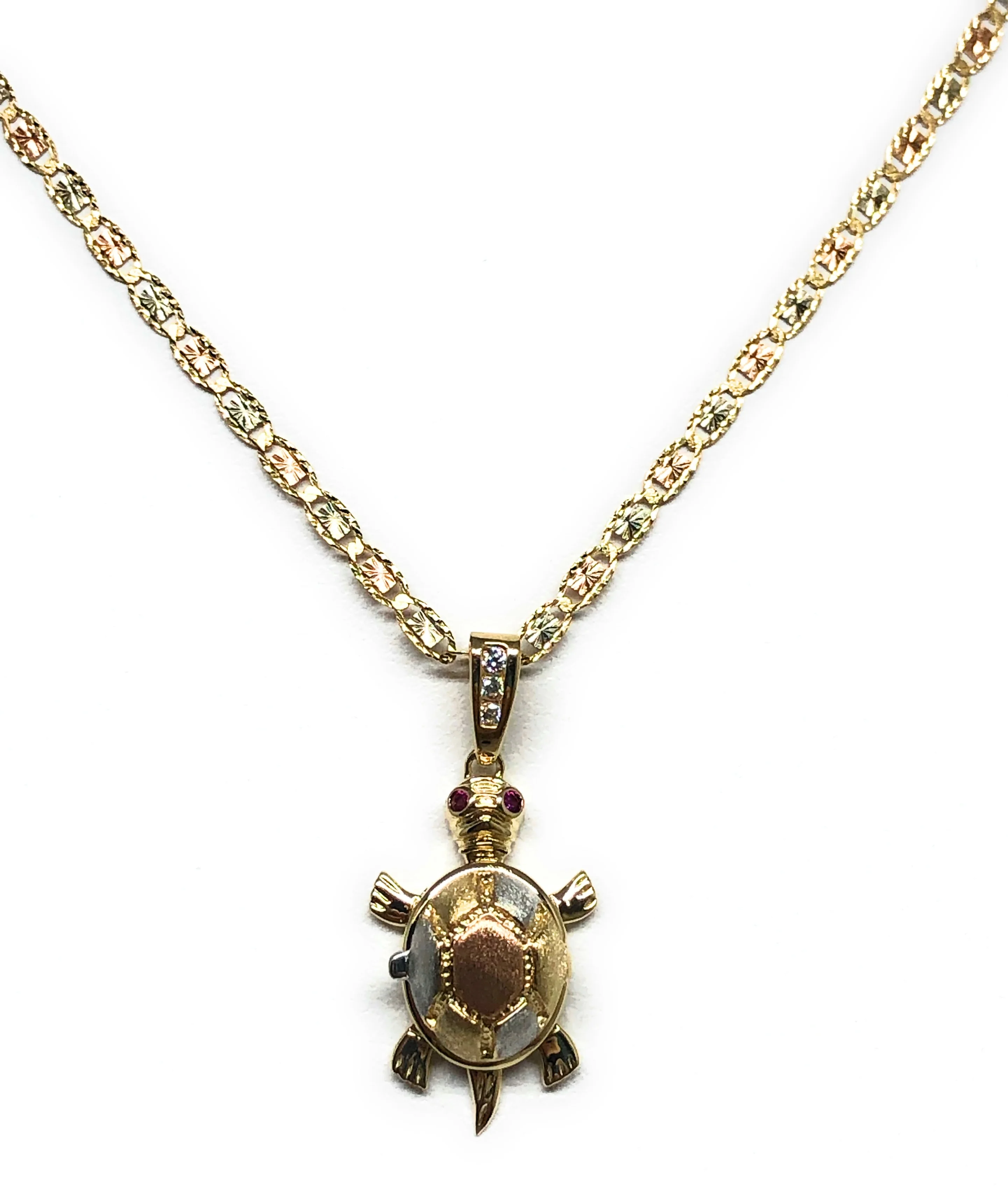 10k Solid Gold Tri-Color Turtle Virrgin Mary Pendant Necklace (Shell Opens) (FC) - Image 5
