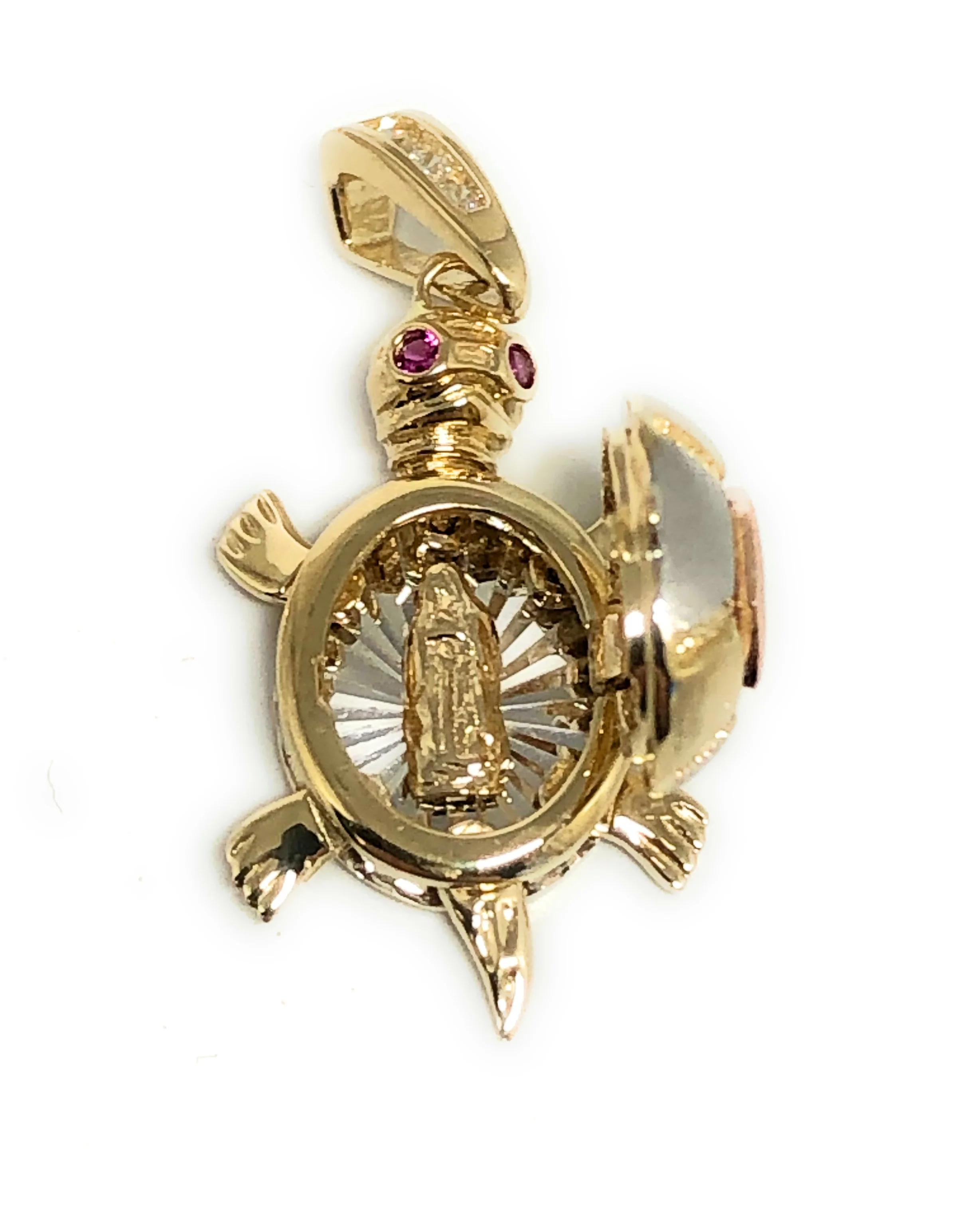 10k Solid Gold Tri-Color Turtle Virrgin Mary Pendant Necklace (Shell Opens) (FC) - Image 6