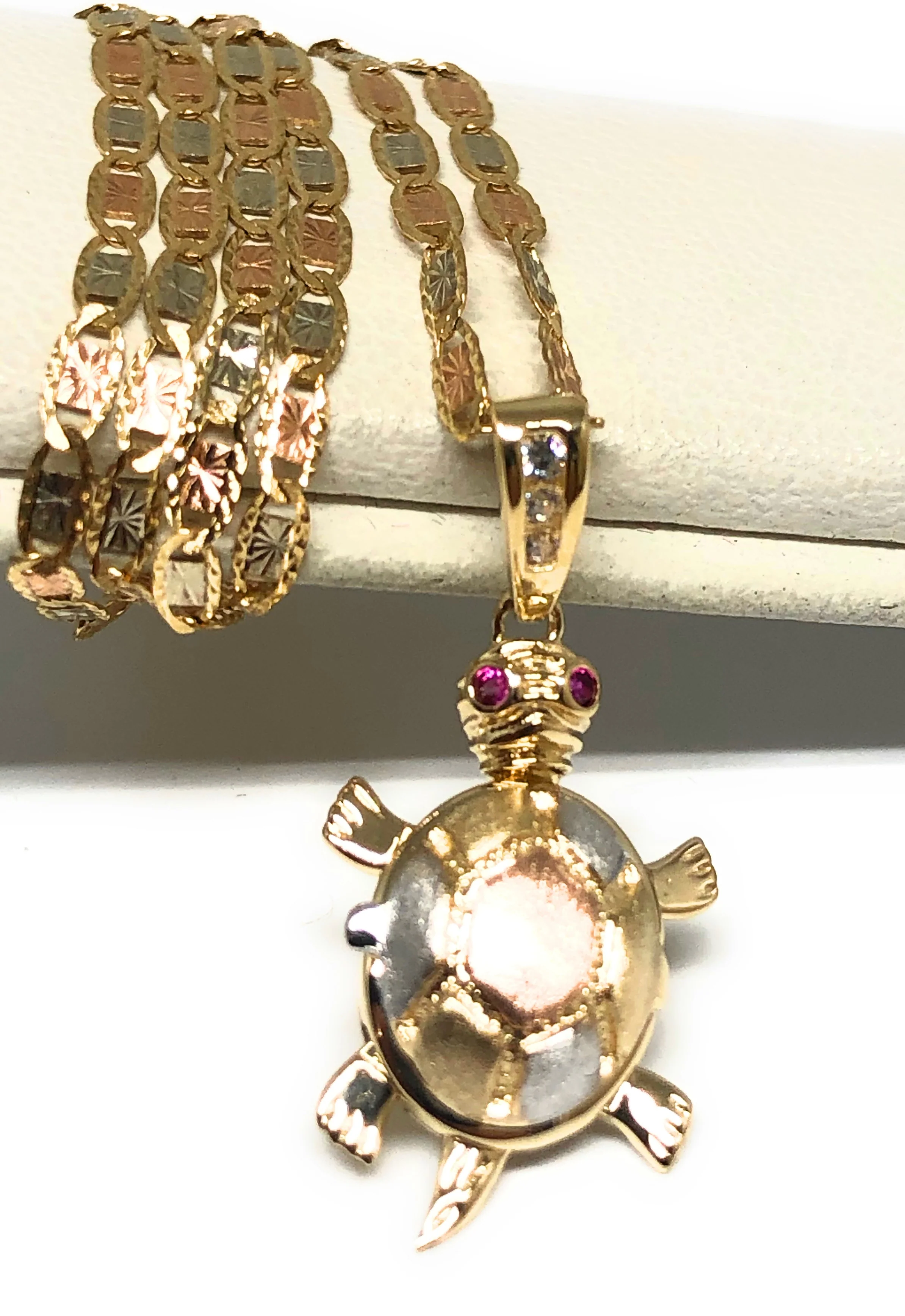 10k Solid Gold Tri-Color Turtle Virrgin Mary Pendant Necklace (Shell Opens) (FC) - Image 8