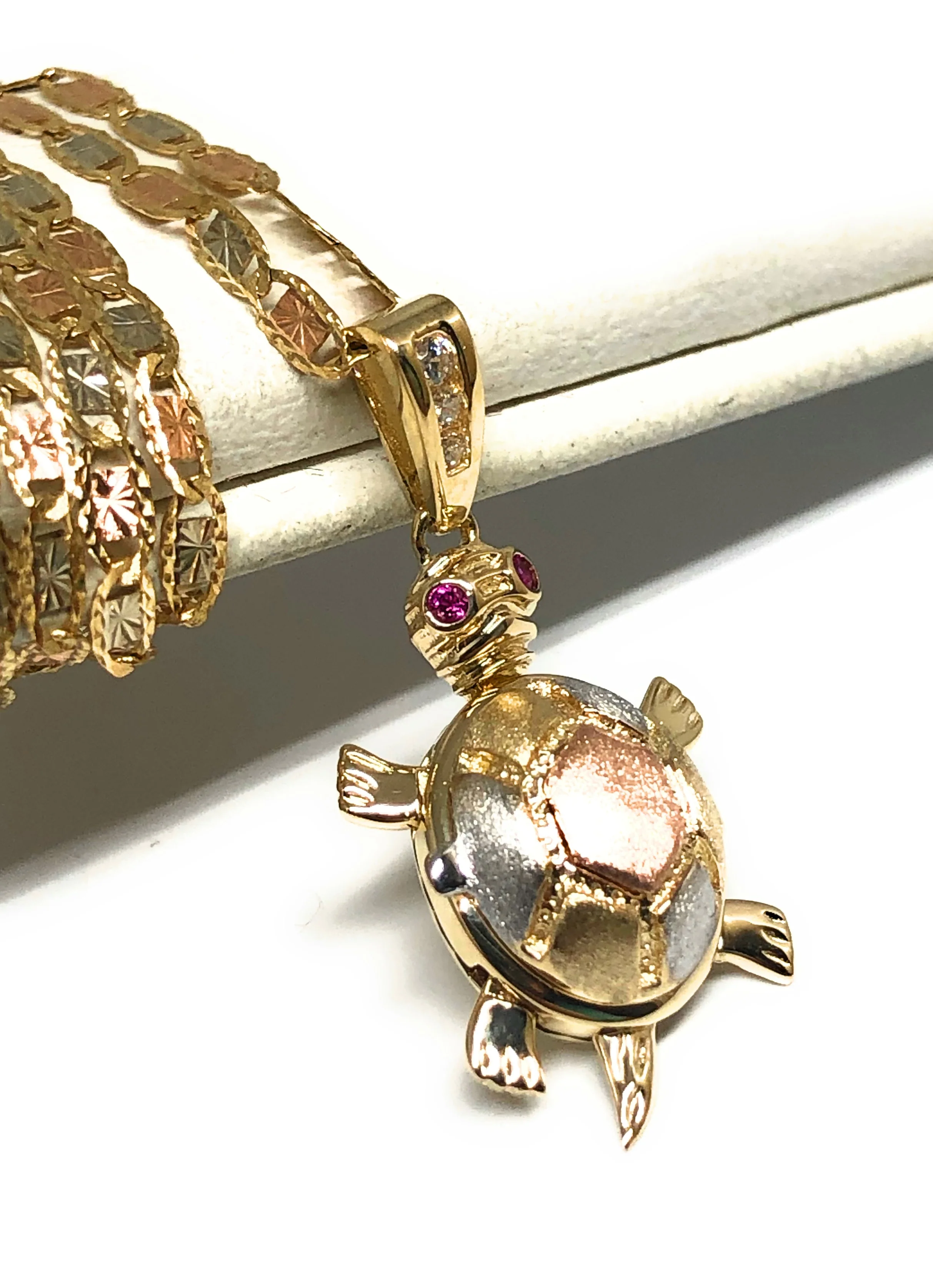 10k Solid Gold Tri-Color Turtle Virrgin Mary Pendant Necklace (Shell Opens) (FC) - Image 9