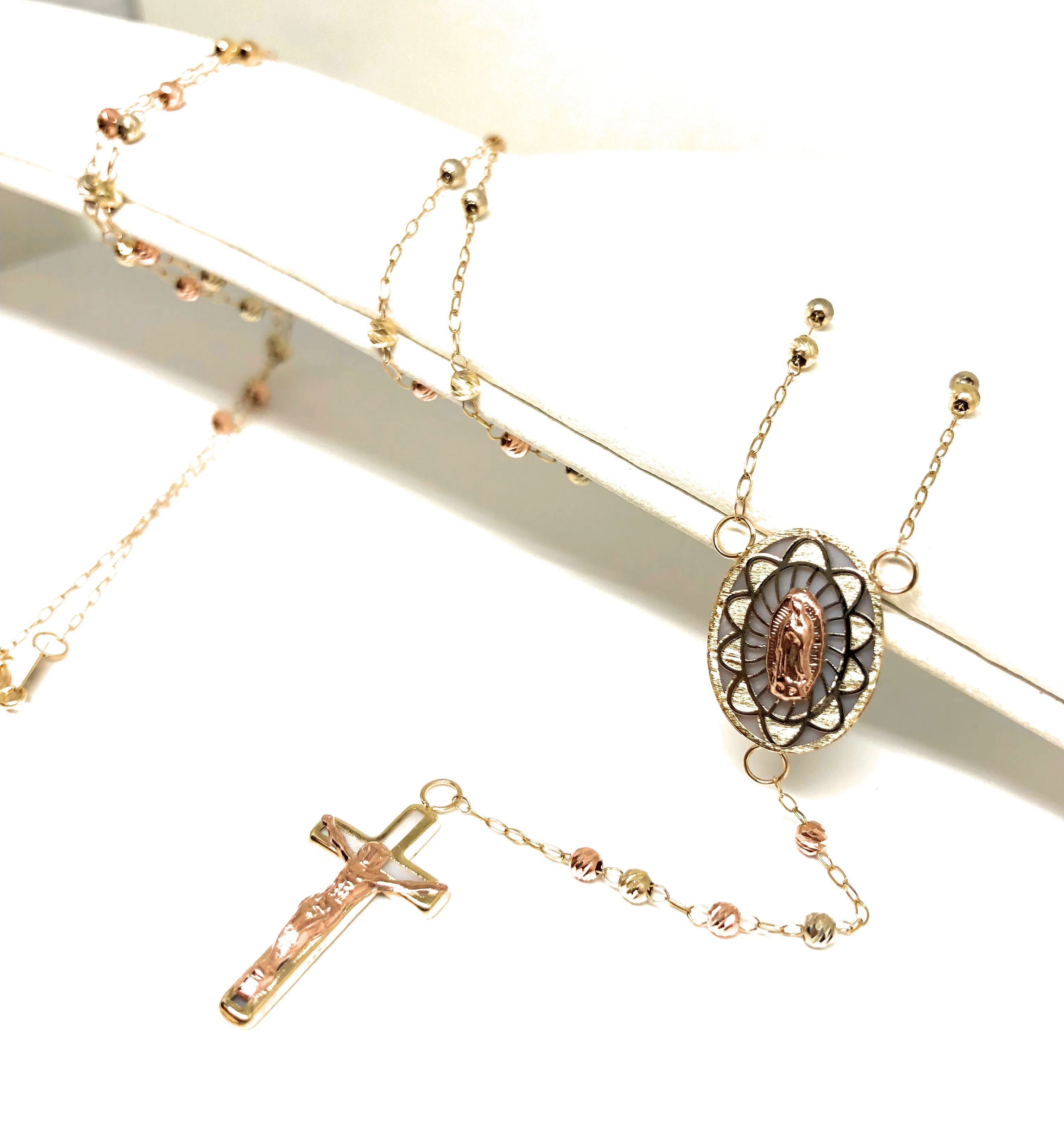 10k Solid Gold Tri-Color Virrgin Mary Rosarry Rosarrio 24" 2.4mm - Image 2
