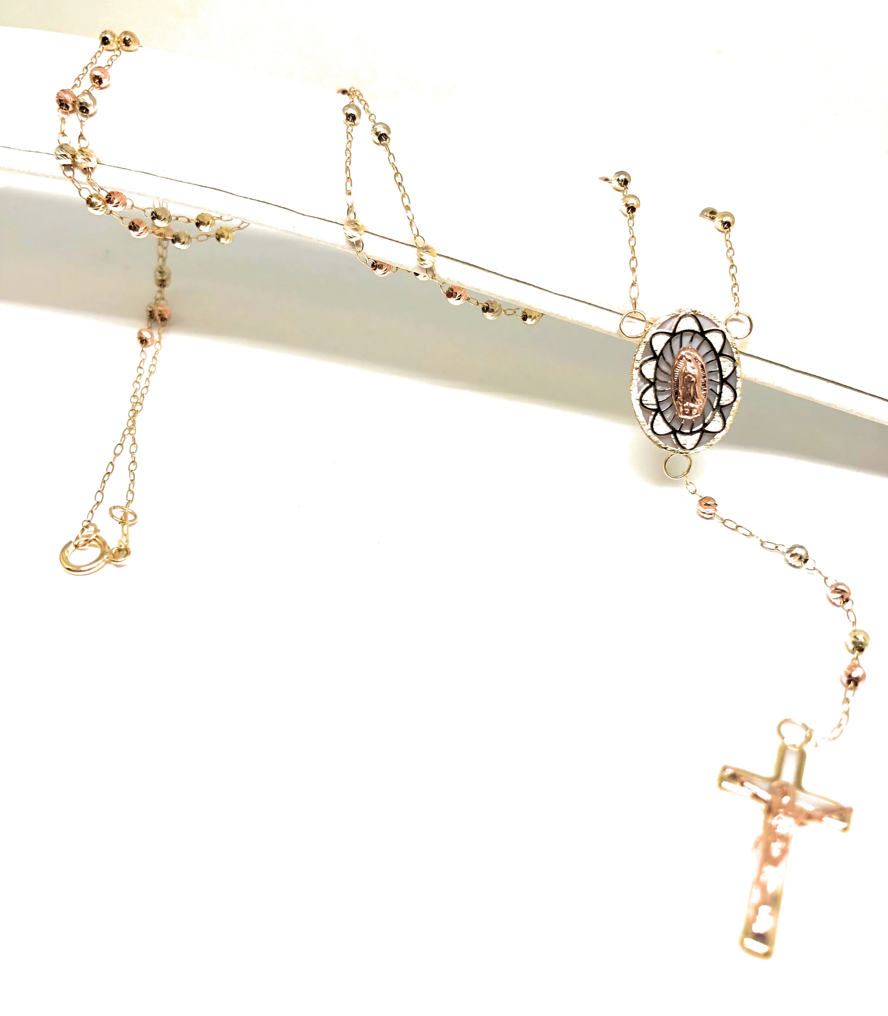 10k Solid Gold Tri-Color Virrgin Mary Rosarry Rosarrio 24" 2.4mm - Image 3