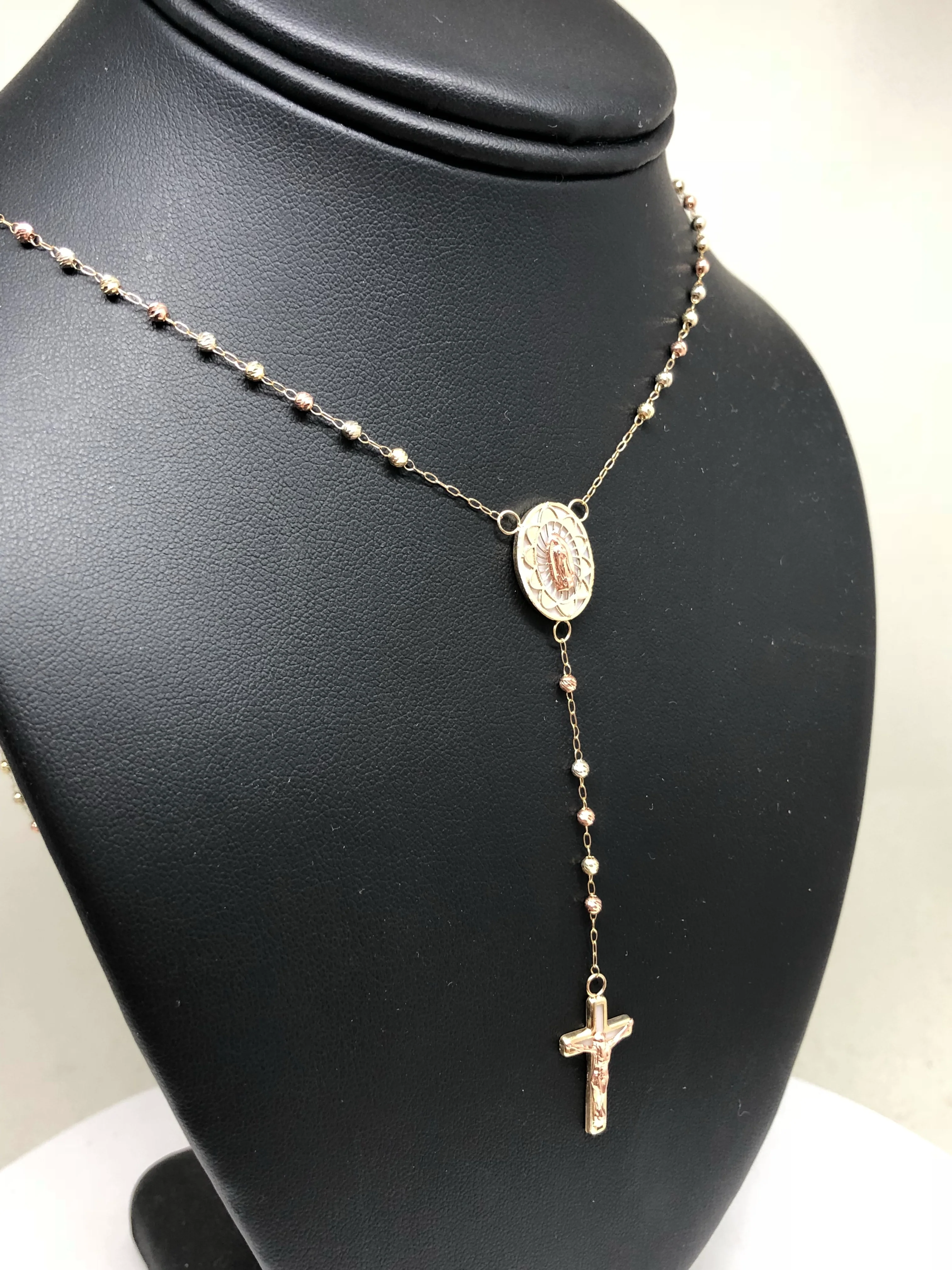 10k Solid Gold Tri-Color Virrgin Mary Rosarry Rosarrio 24" 2.4mm - Image 9