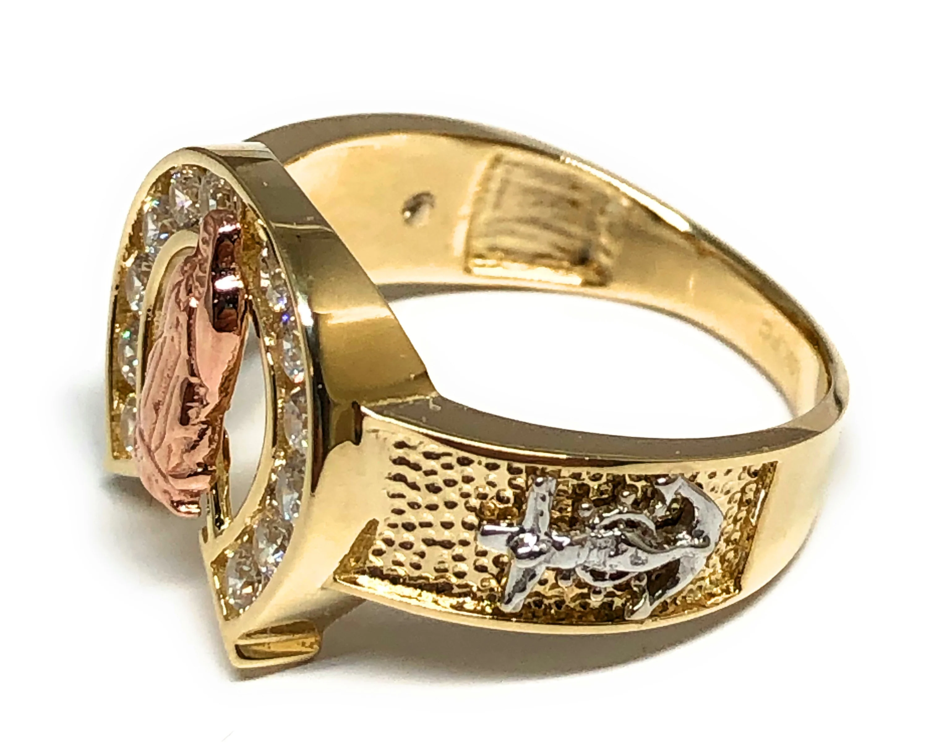 10k Solid Gold Tri-Color Virrgin Mary Anchor CZ Ring (FC 12) - Image 2