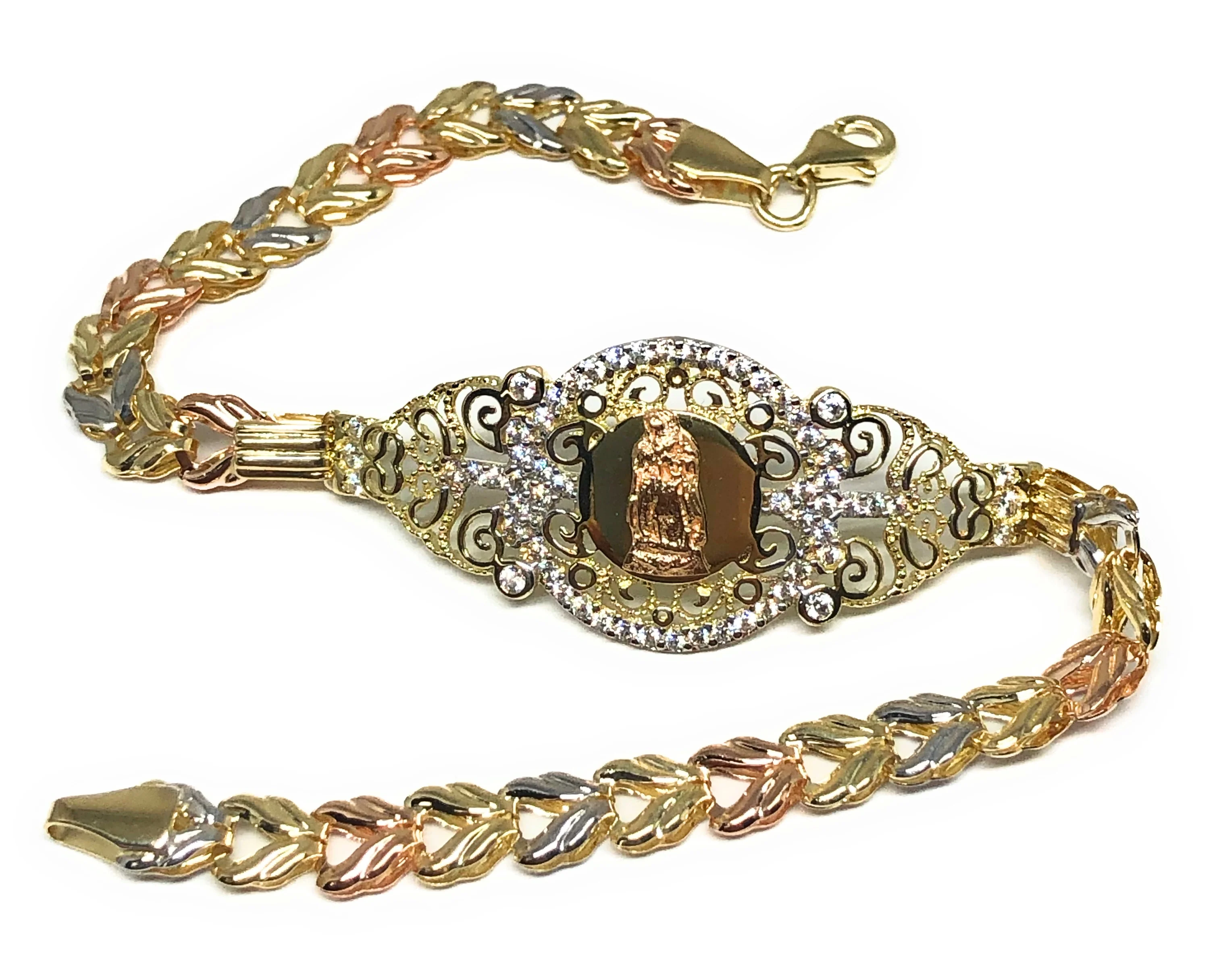 10k Solid Gold Tri-Color Virrgin Mary Brracelet Cubic Zirconia 7.5 inch Virrgen Guadalupe - Image 5