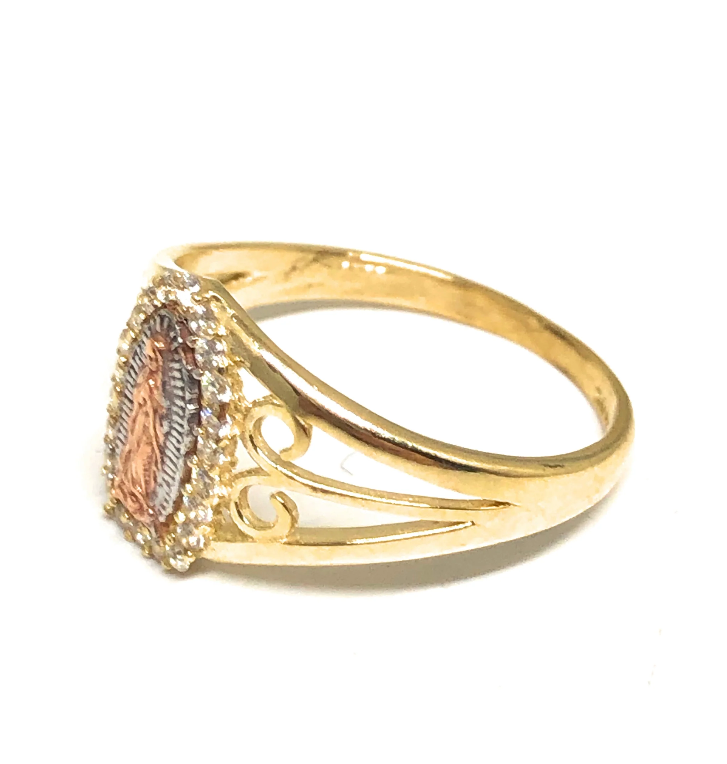 10k Solid Gold Tri-Color Virrgin Mary Cubic Zirconia Ring - Image 2