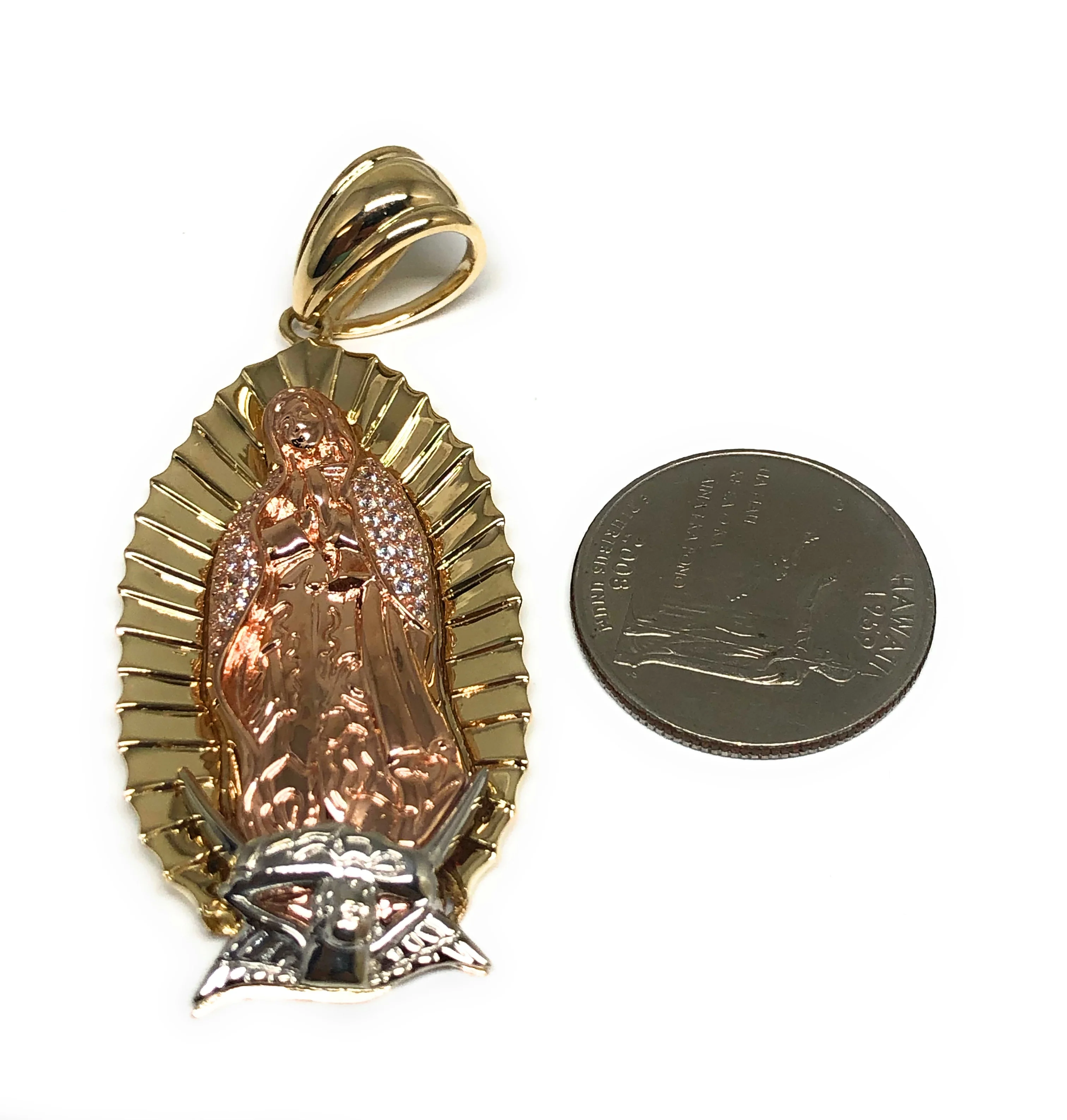 10k Solid Gold Tri-Color  Virrgin Mary CZ  BIG XL Pendant Virrgen Gaudalupe (12.3g) (FC) - Image 2
