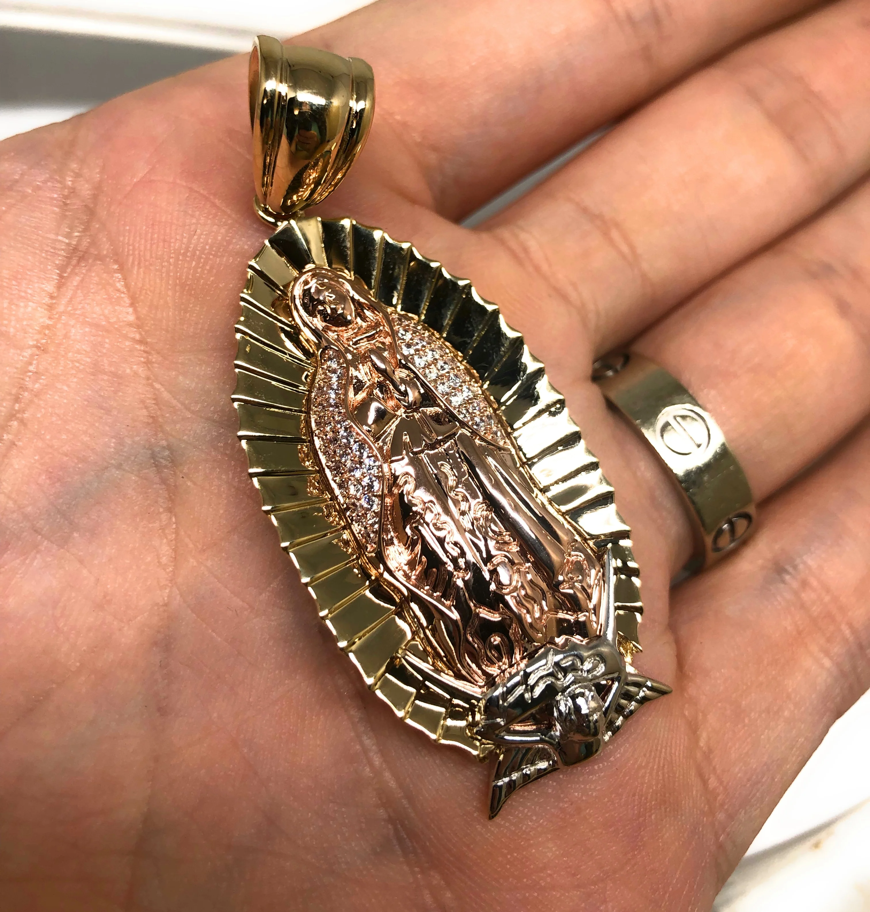 10k Solid Gold Tri-Color  Virrgin Mary CZ  BIG XL Pendant Virrgen Gaudalupe (12.3g) (FC) - Image 3