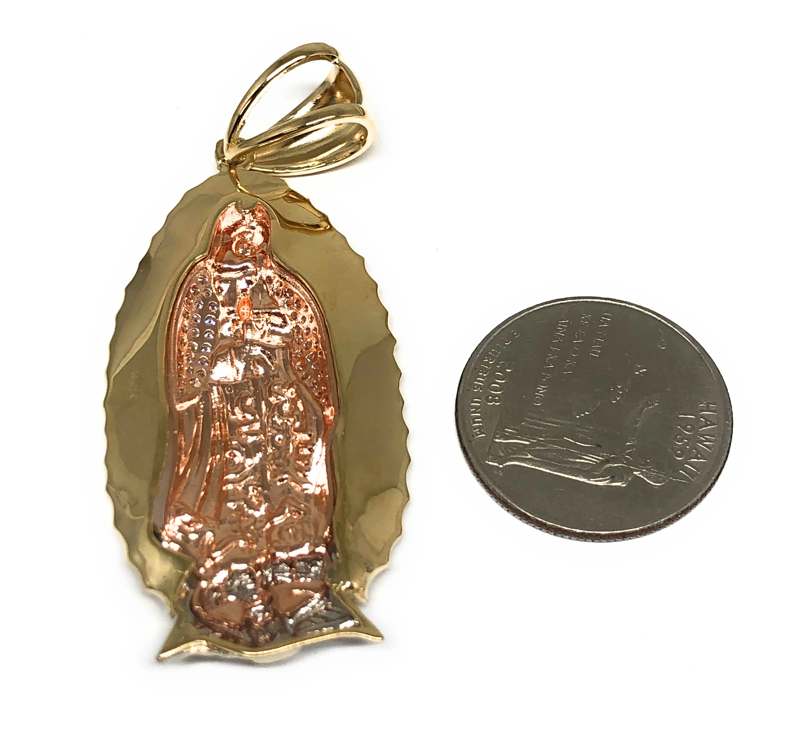 10k Solid Gold Tri-Color  Virrgin Mary CZ  BIG XL Pendant Virrgen Gaudalupe (12.3g) (FC) - Image 6