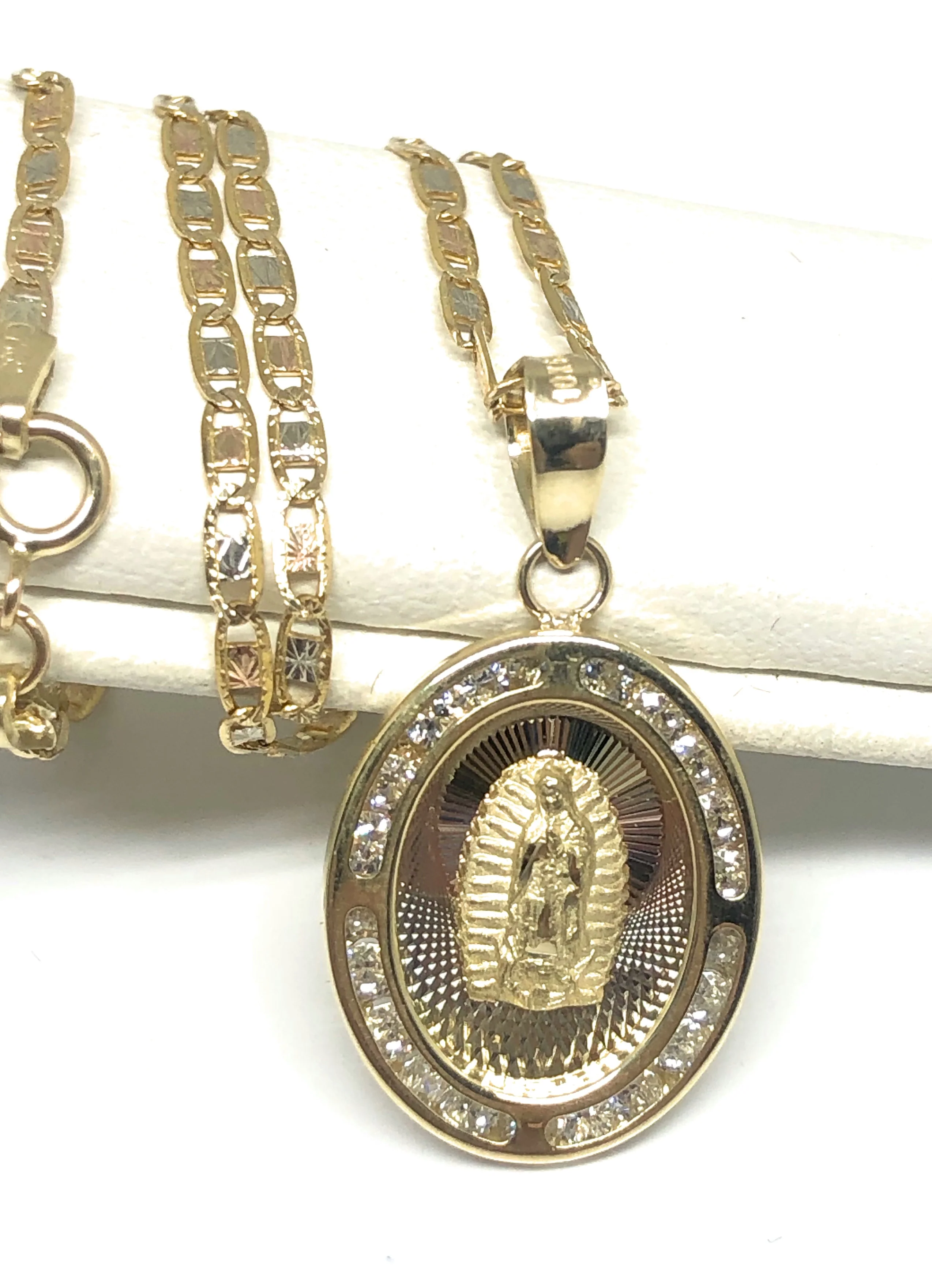 10k Solid Gold Tri-Color Virrgin Mary CZ Oval Pendant Necklace Virrgen Gaudalupe (MED)