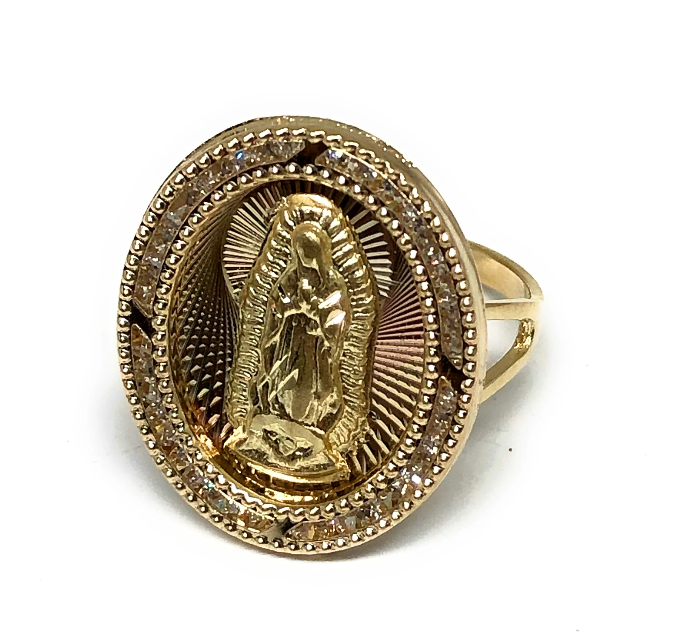 10k Solid Gold Tri-Color Virrgin Mary CZ Oval Ring