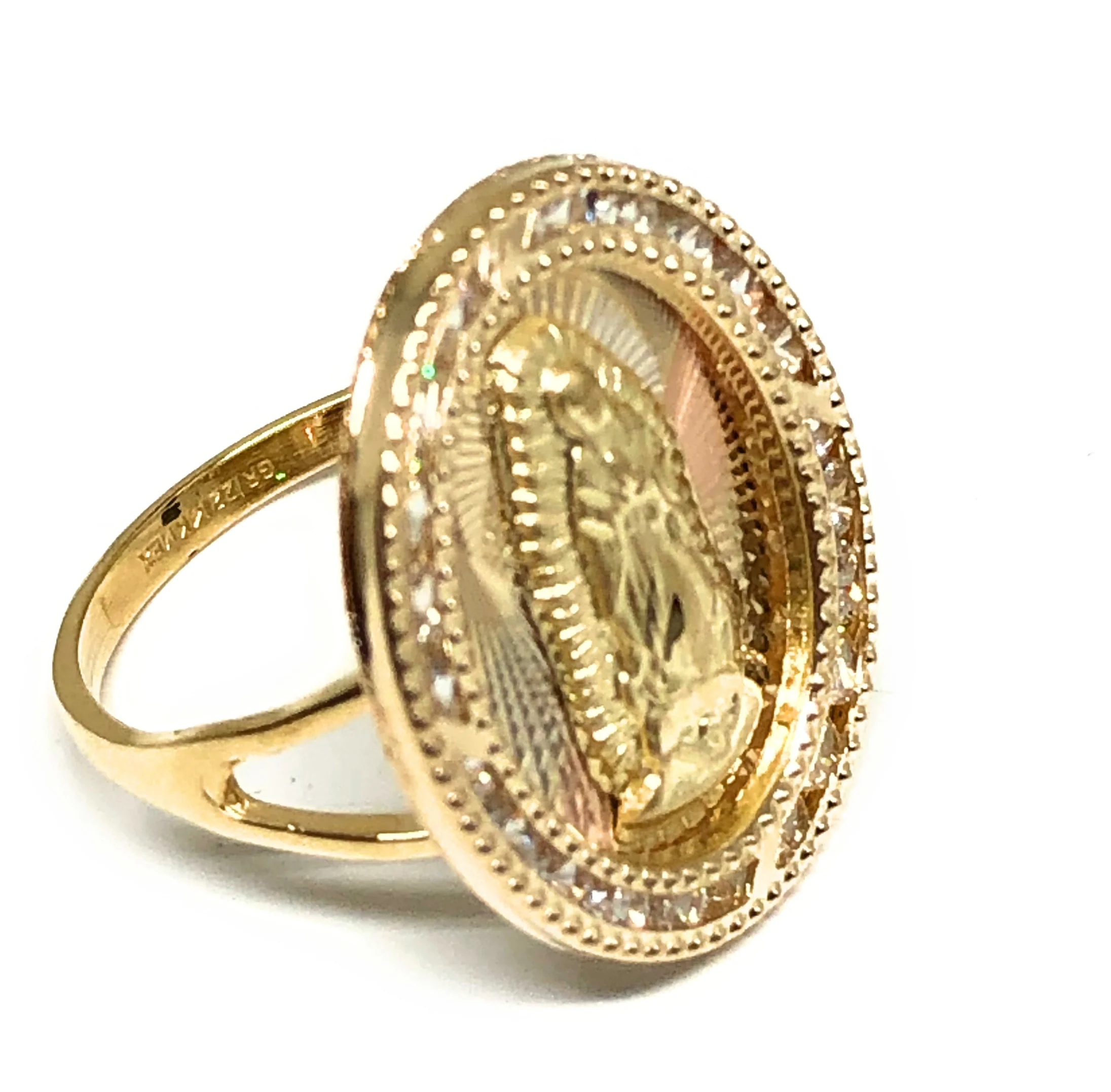 10k Solid Gold Tri-Color Virrgin Mary CZ Oval Ring - Image 2