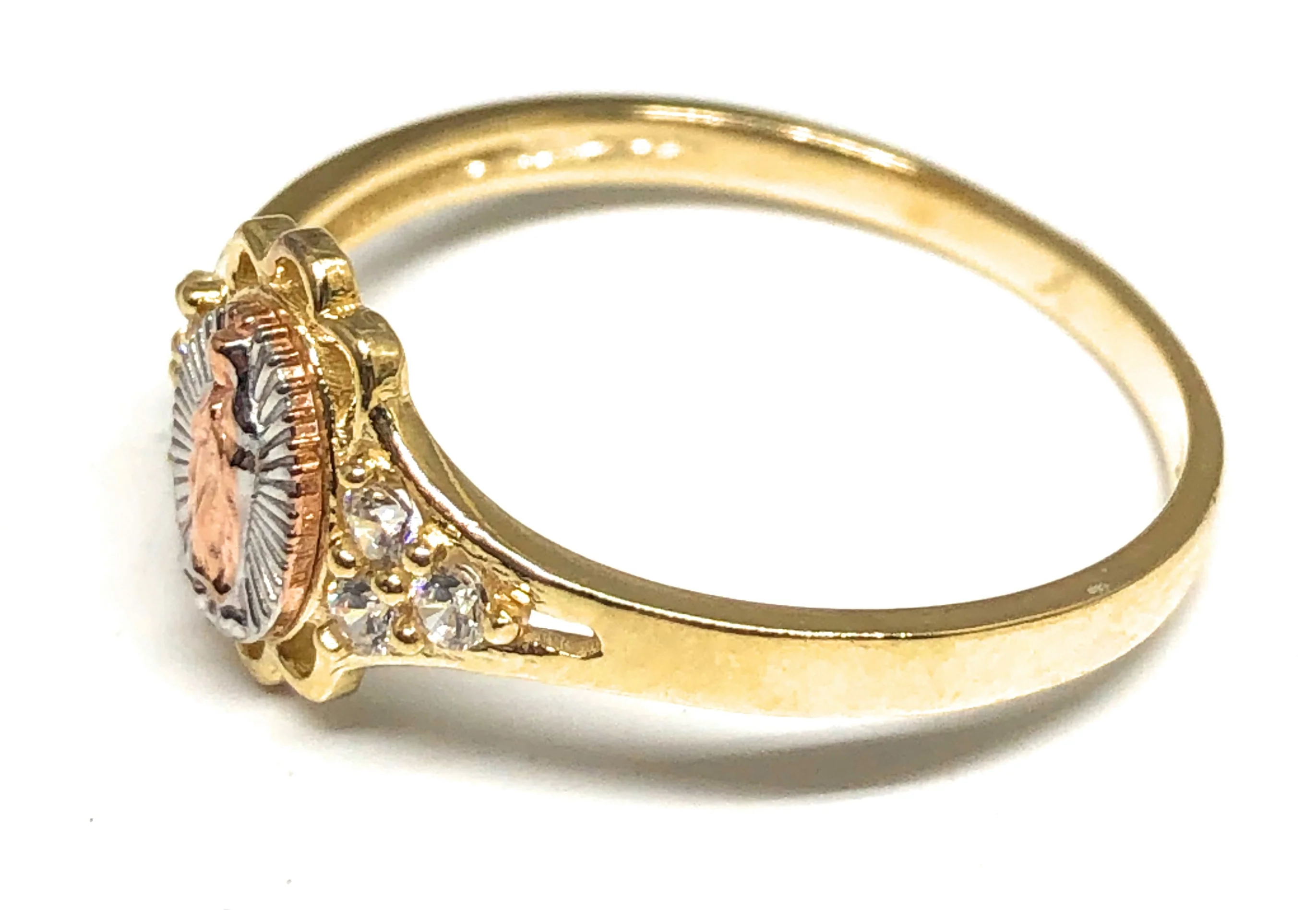 10k Solid Gold Tri-Color Virrgin Mary CZ Ring - Image 2