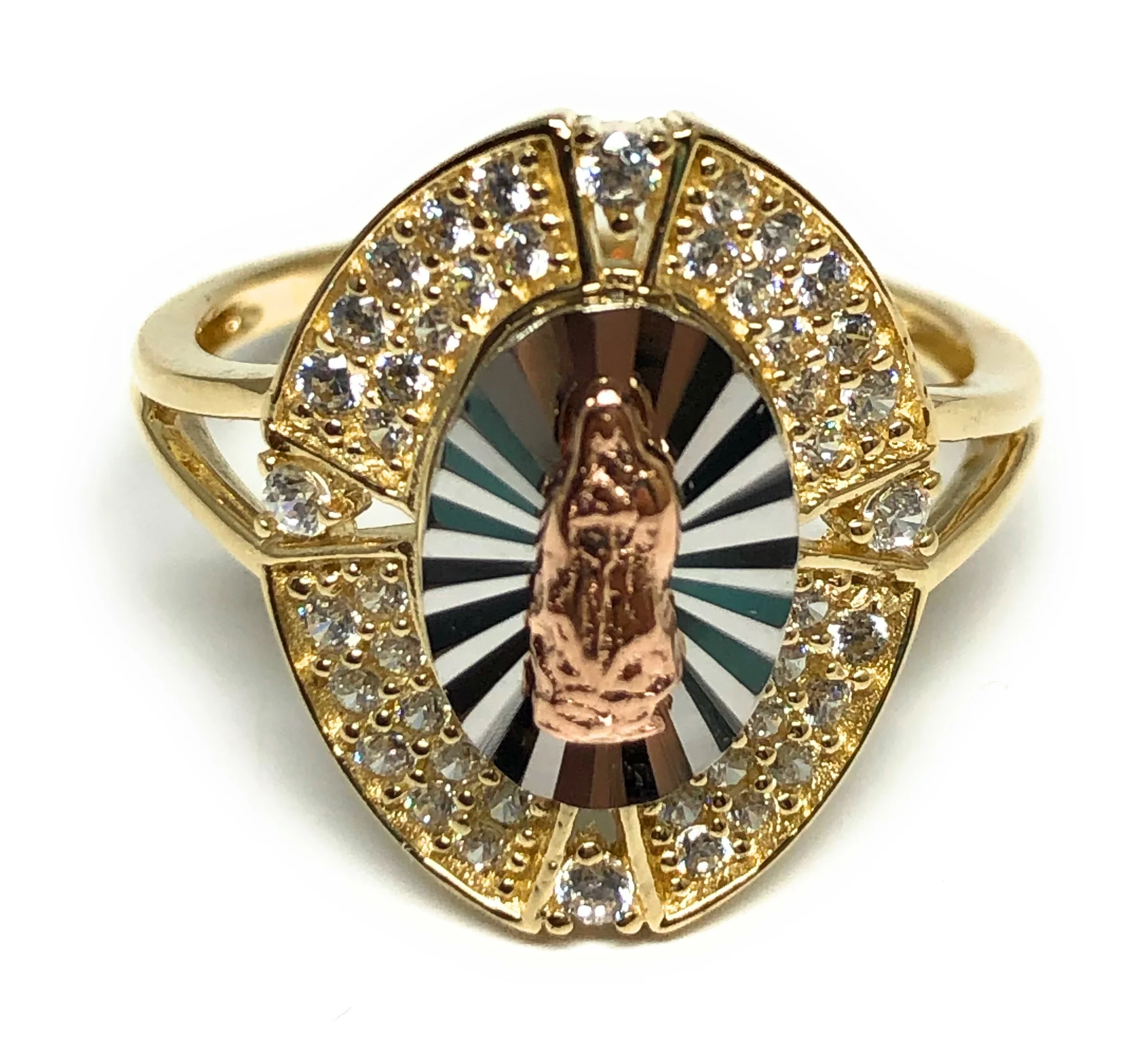 10k Solid Gold Tri-Color Virrgin Mary CZ Ring (FC 13)