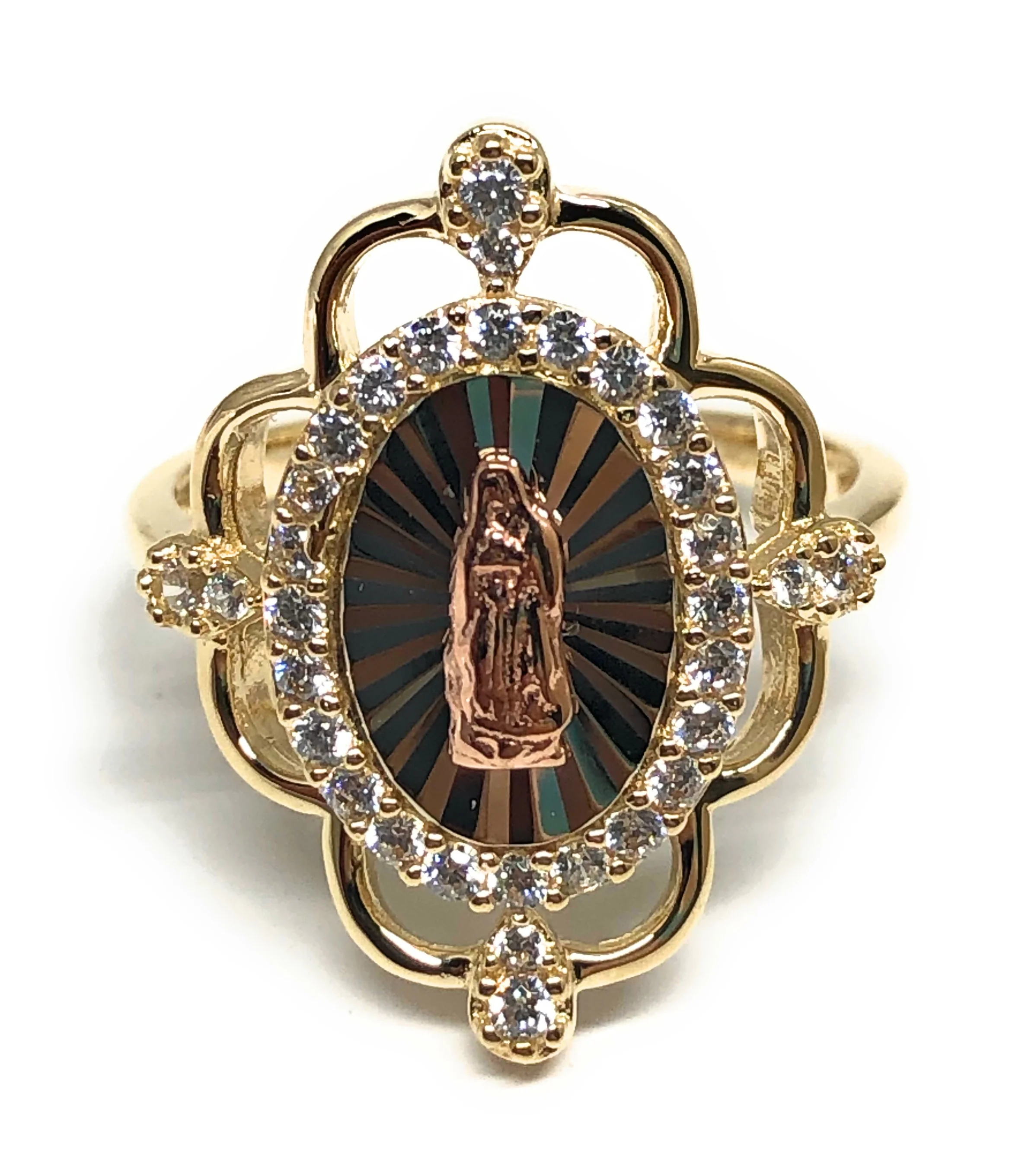10k Solid Gold Tri-Color Virrgin Mary CZ Ring (FC 28)