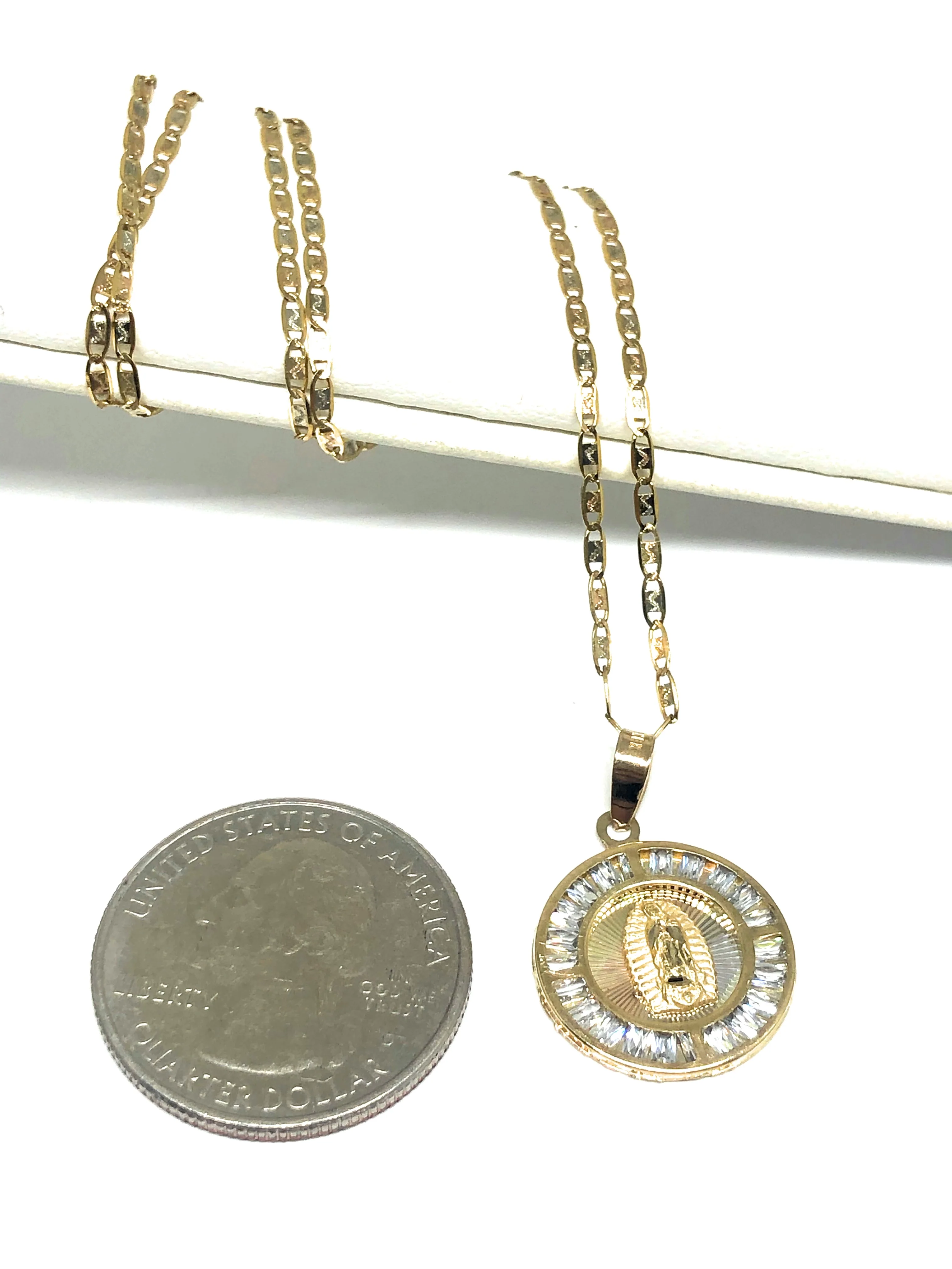 10k Solid Gold Tri-Color Virrgin Mary CZ Round Pendant Necklace Virrgen Gaudalupe - Image 2