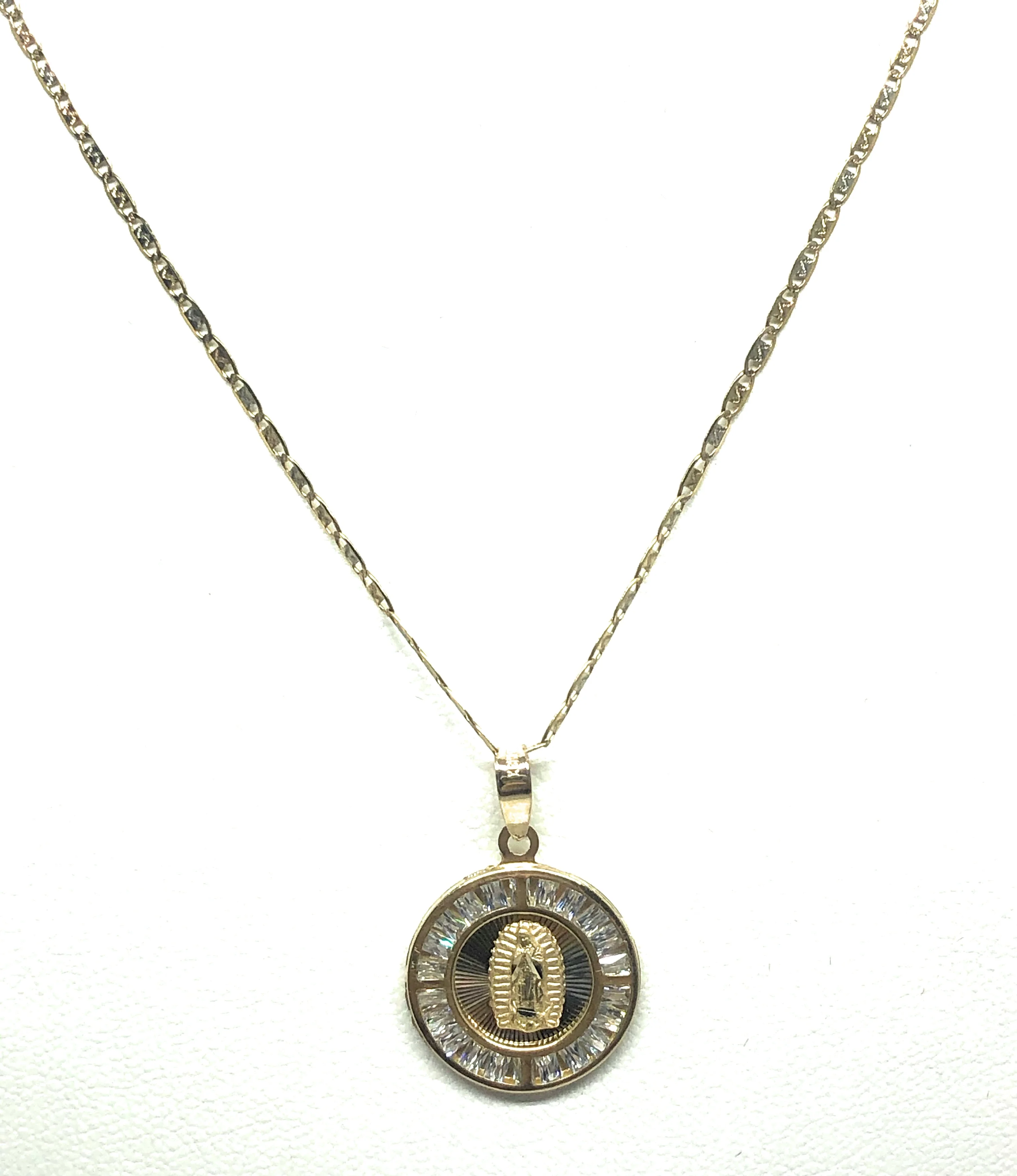 10k Solid Gold Tri-Color Virrgin Mary CZ Round Pendant Necklace Virrgen Gaudalupe - Image 4