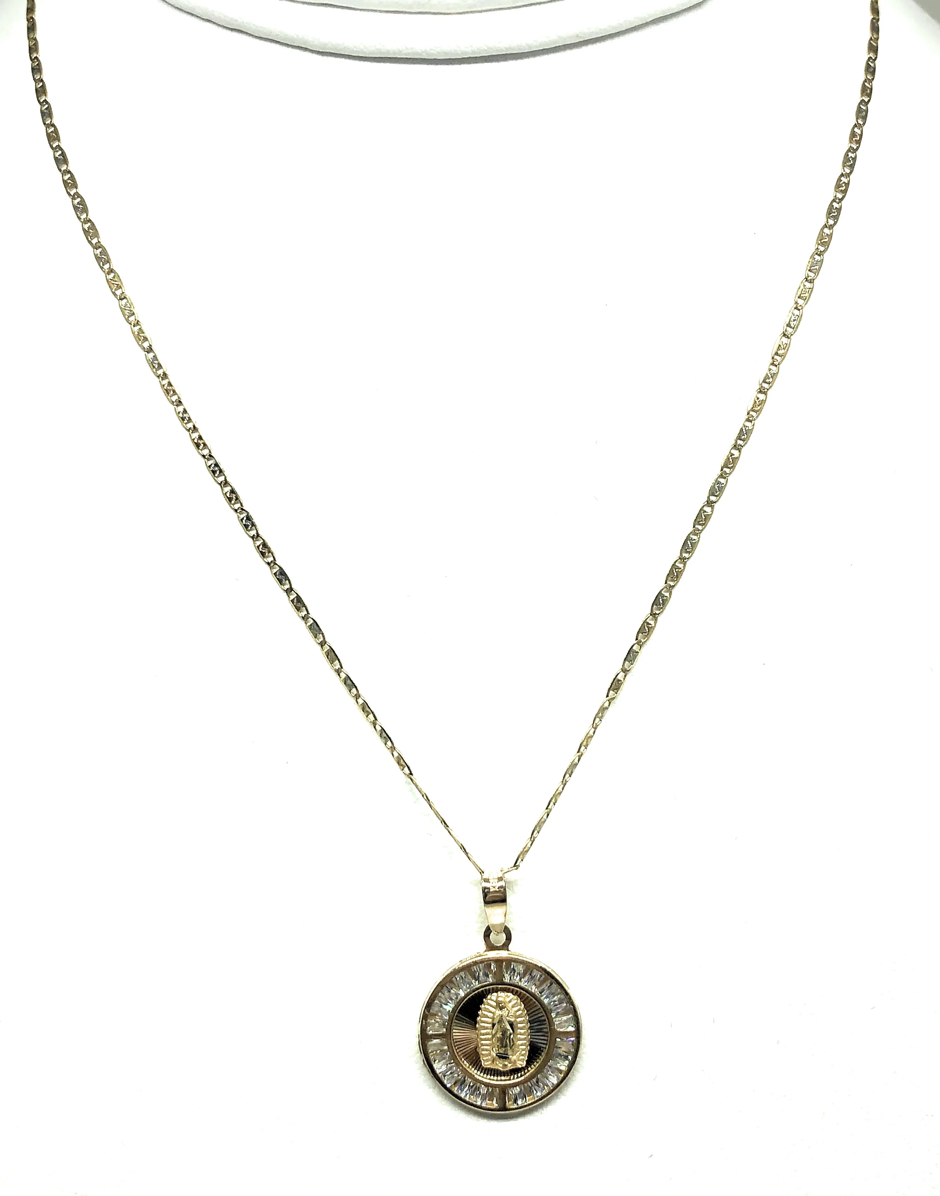 10k Solid Gold Tri-Color Virrgin Mary CZ Round Pendant Necklace Virrgen Gaudalupe - Image 5