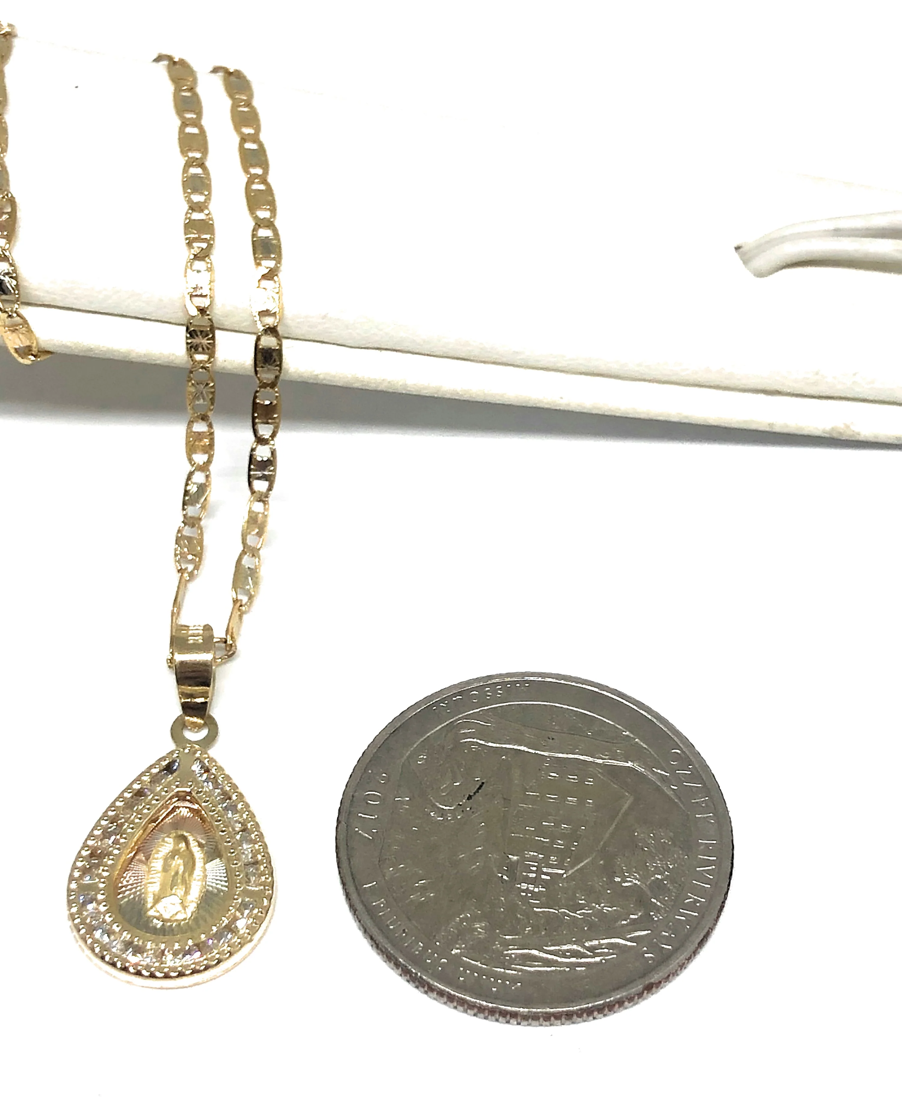 10k Solid Gold Tri-Color Virrgin Mary CZ Teardrop Pendant Necklace Virrgen Gaudalupe - Image 2