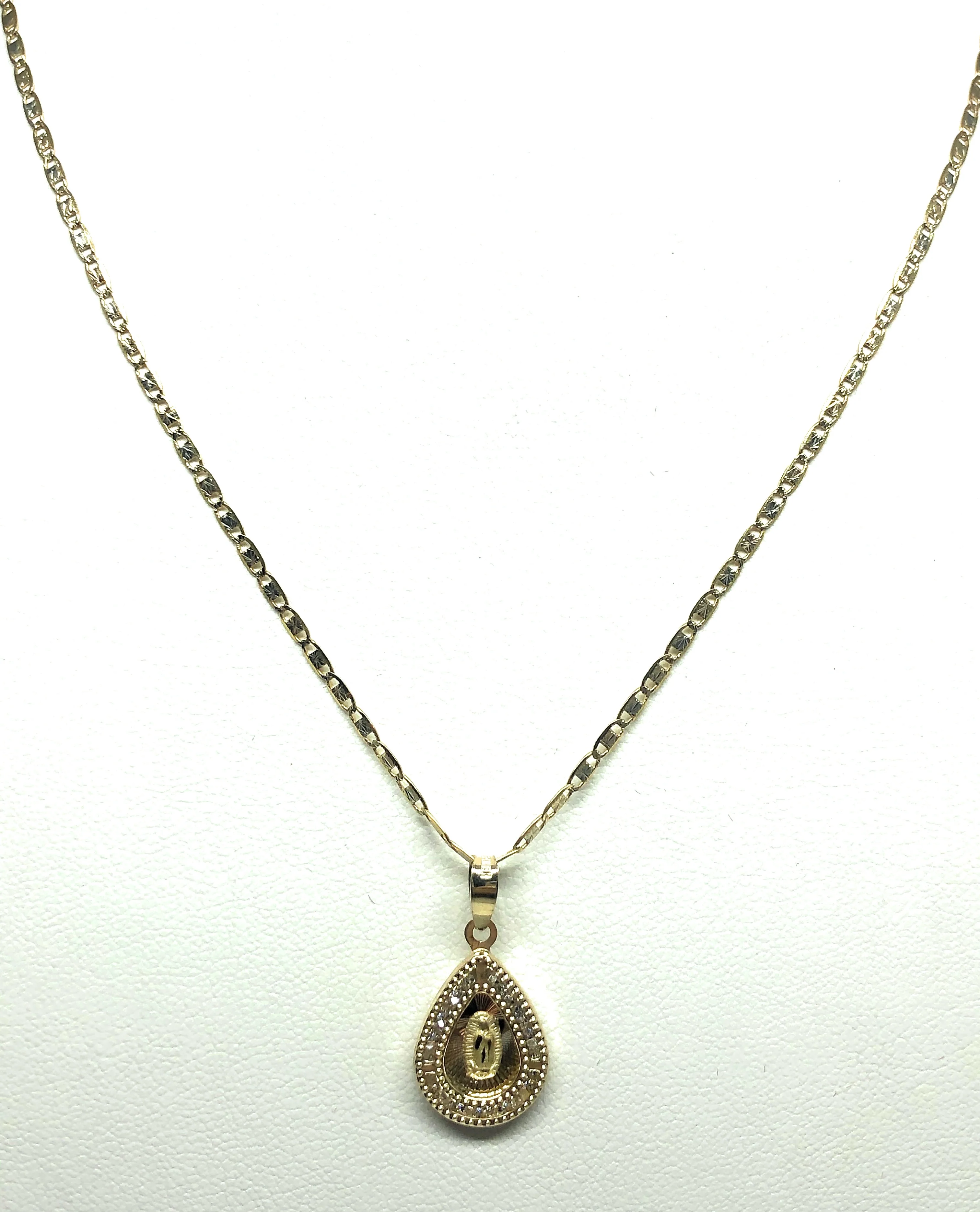 10k Solid Gold Tri-Color Virrgin Mary CZ Teardrop Pendant Necklace Virrgen Gaudalupe - Image 5