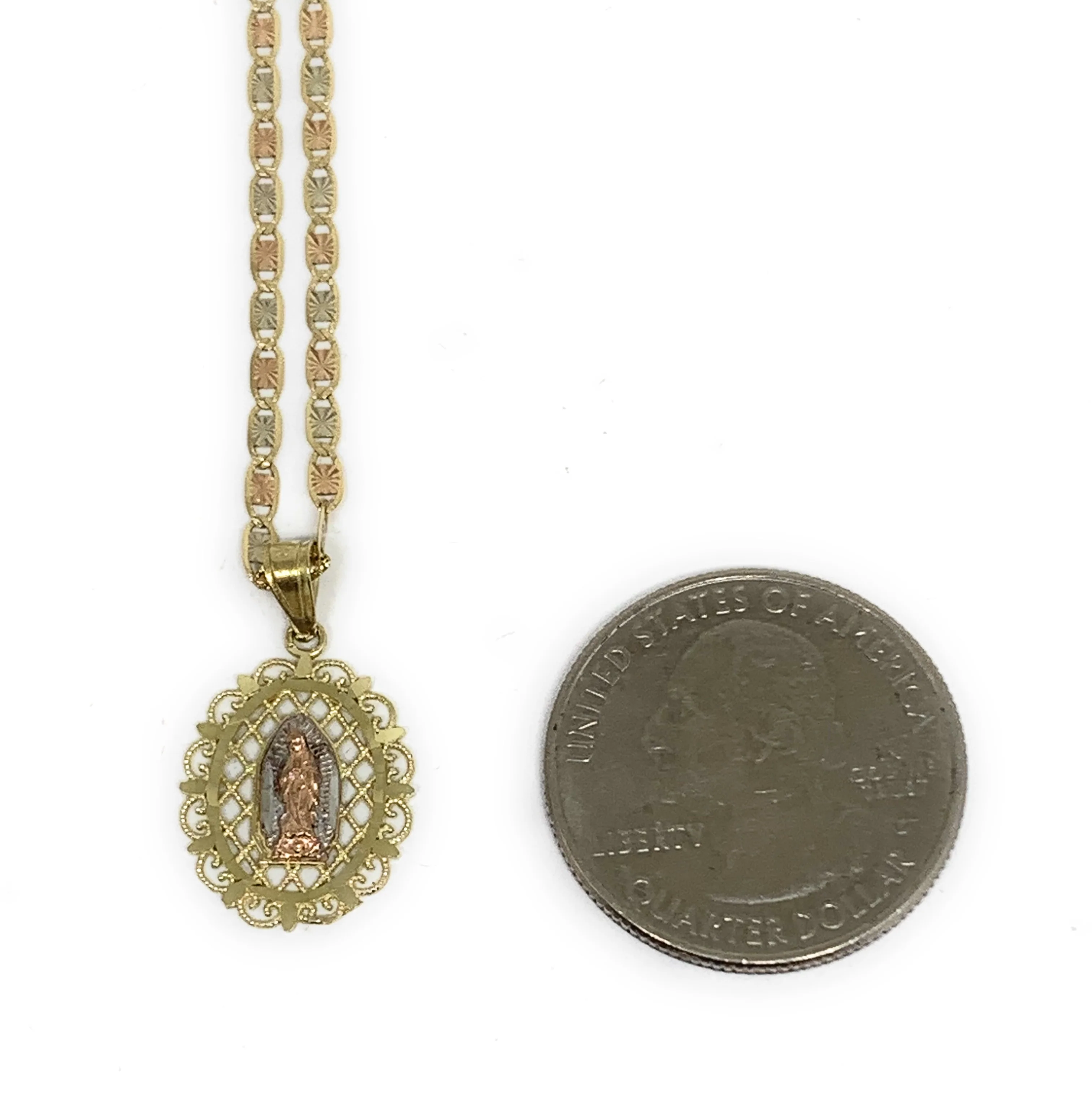 10k Solid Gold Tri-Color Virrgin Mary Elegant Pendant Necklace Virrgen Gaudalupe Valentina Chain - Image 2