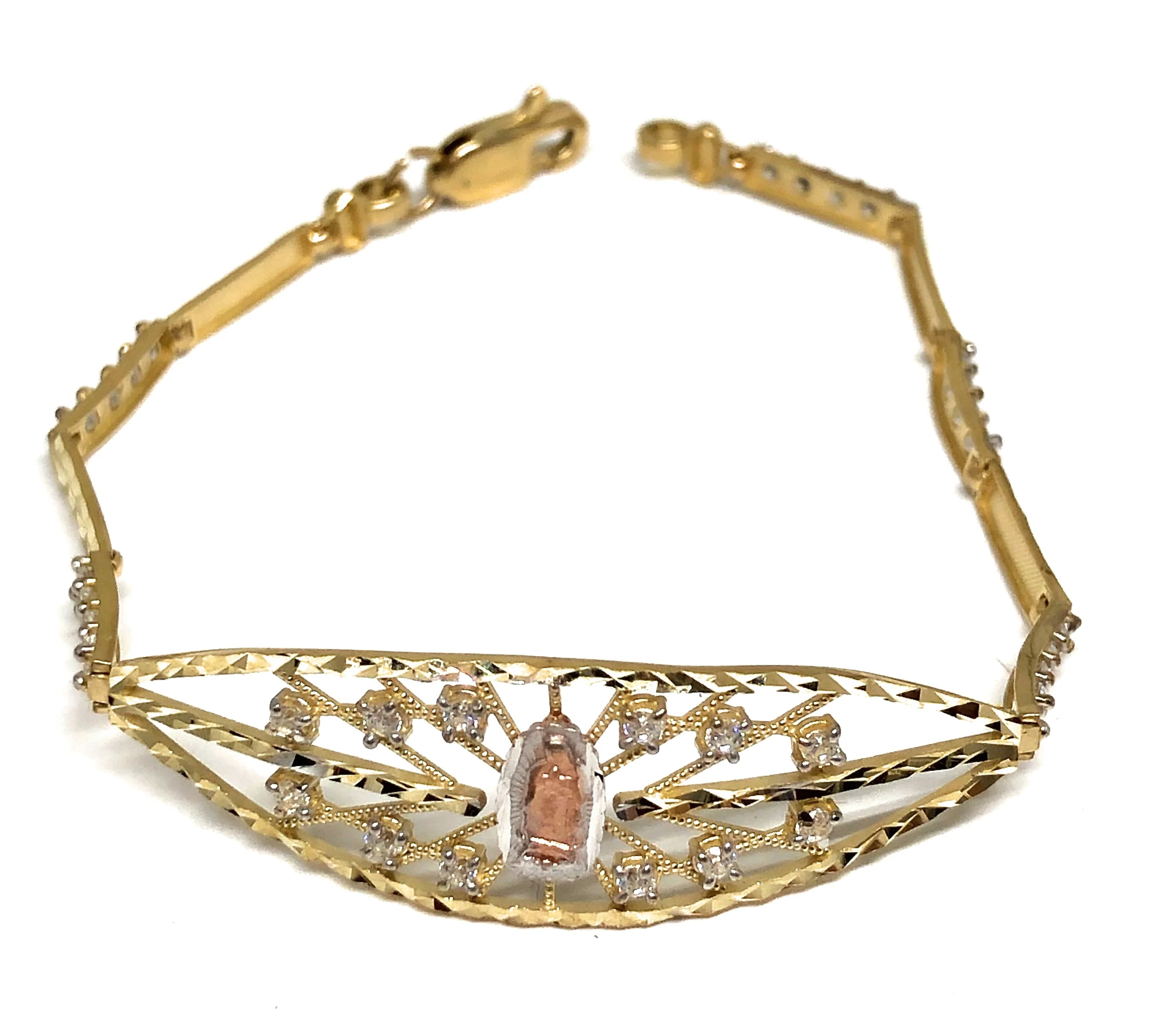 10k Solid Gold Tri-Color Virrgin Mary Filigran CZ Brracelet 7 inch Virrgen Guadalupe