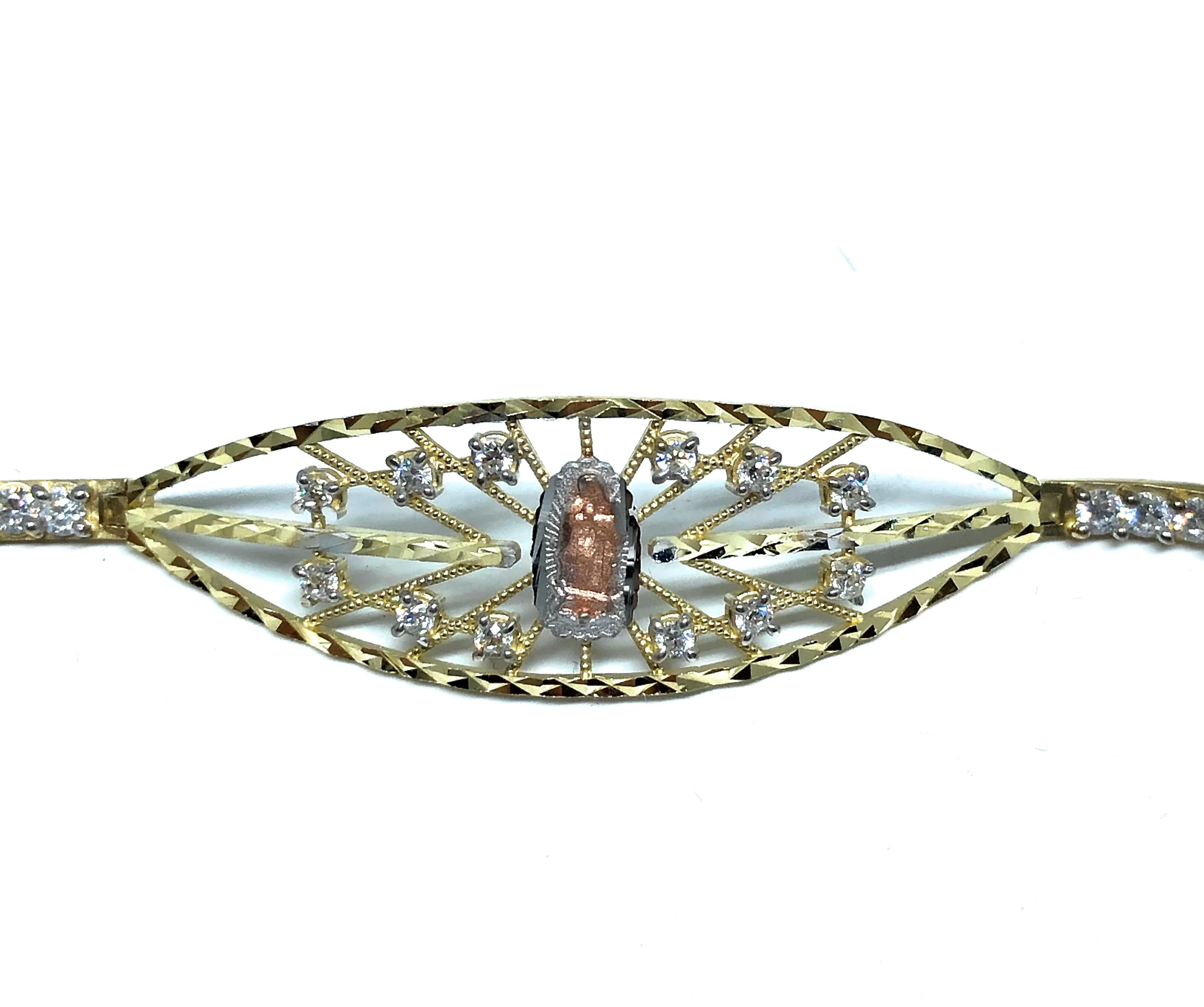 10k Solid Gold Tri-Color Virrgin Mary Filigran CZ Brracelet 7 inch Virrgen Guadalupe - Image 3