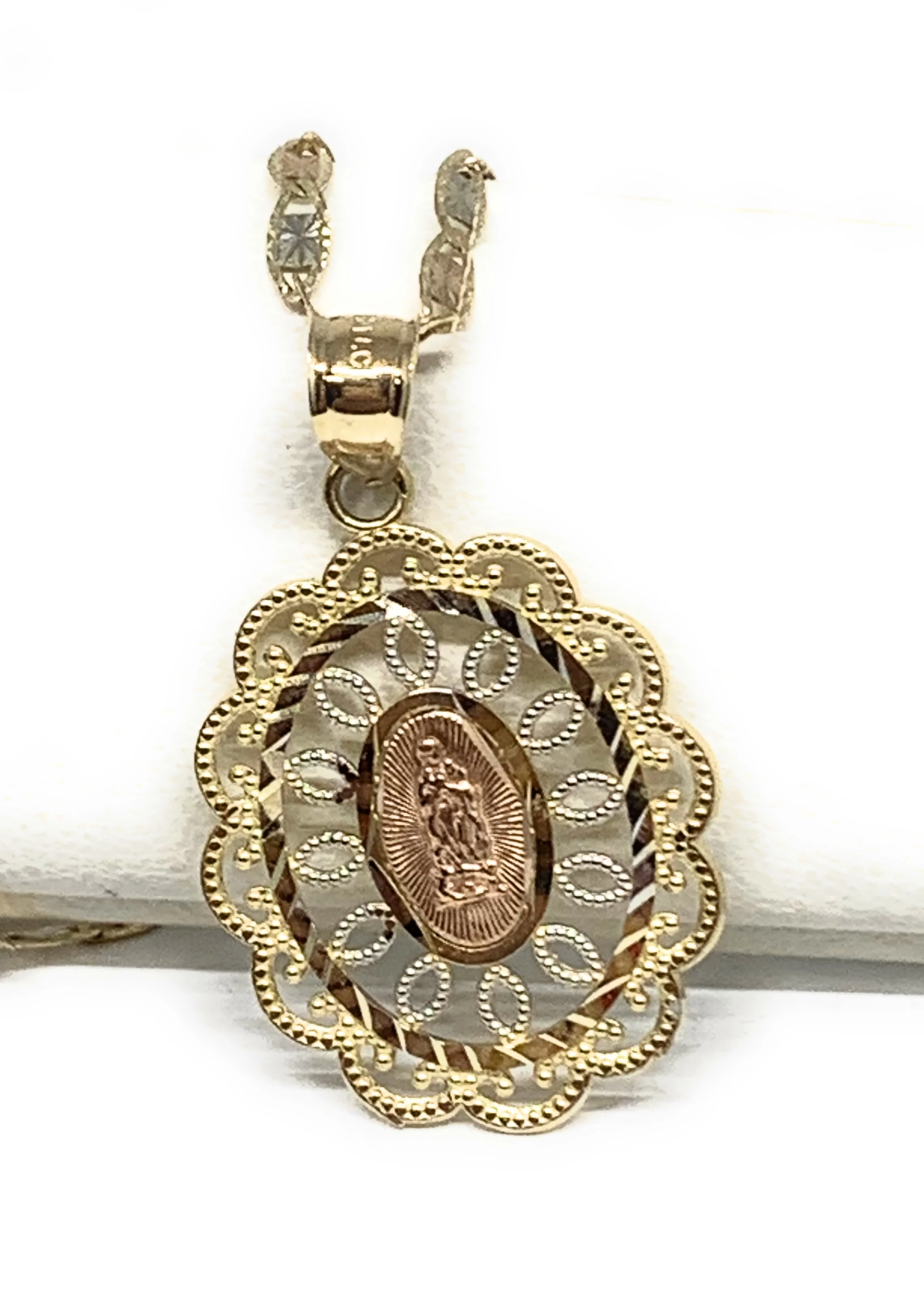 10k Solid Gold Tri-Color Virrgin Mary Filigran Pendant Virrgen Guadalupe Necklace