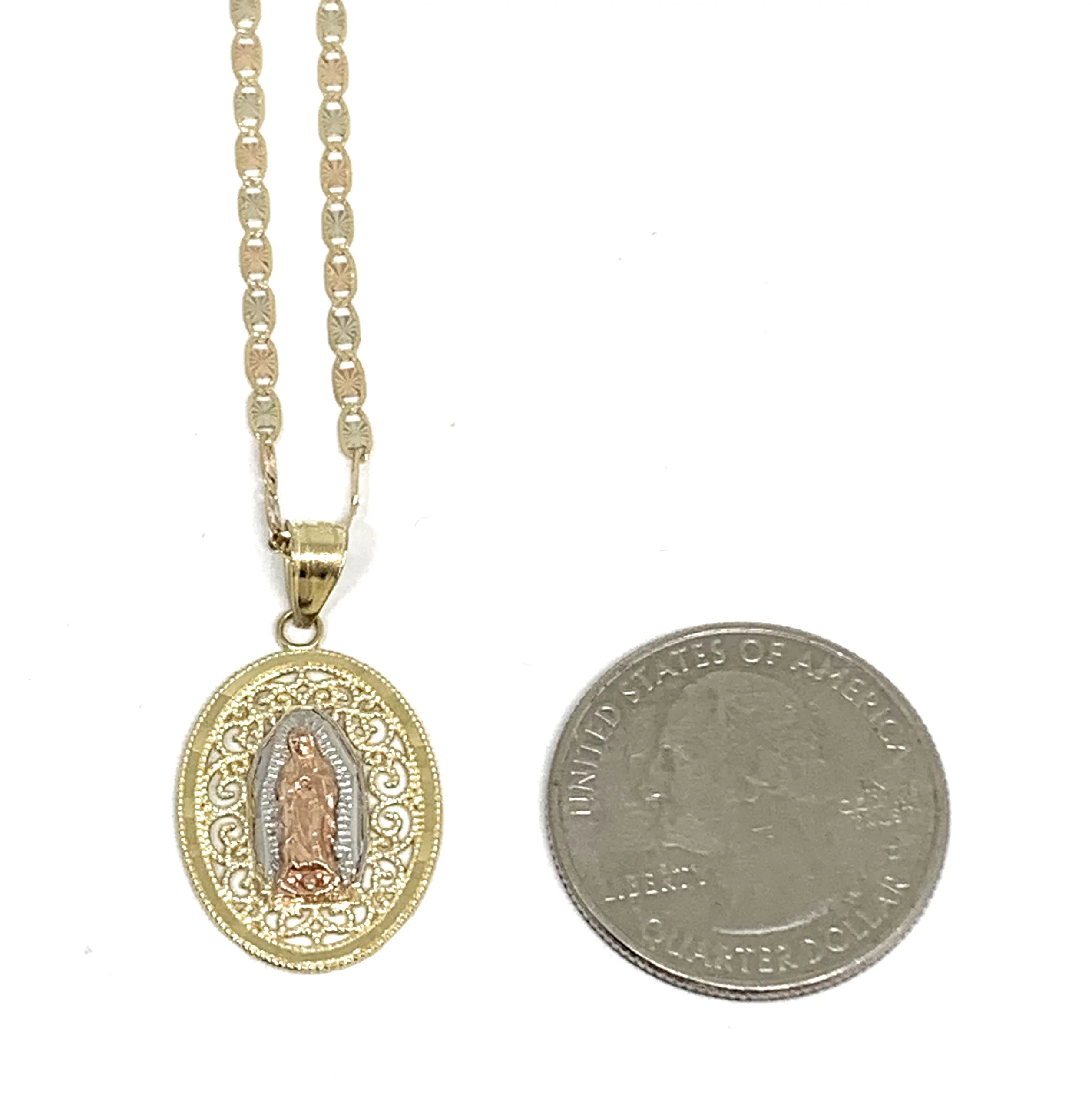 10k Solid Gold Tri-Color Virrgin Mary Filigran Pendant Virrgen Guadalupe Tri-Color Chain - Image 2