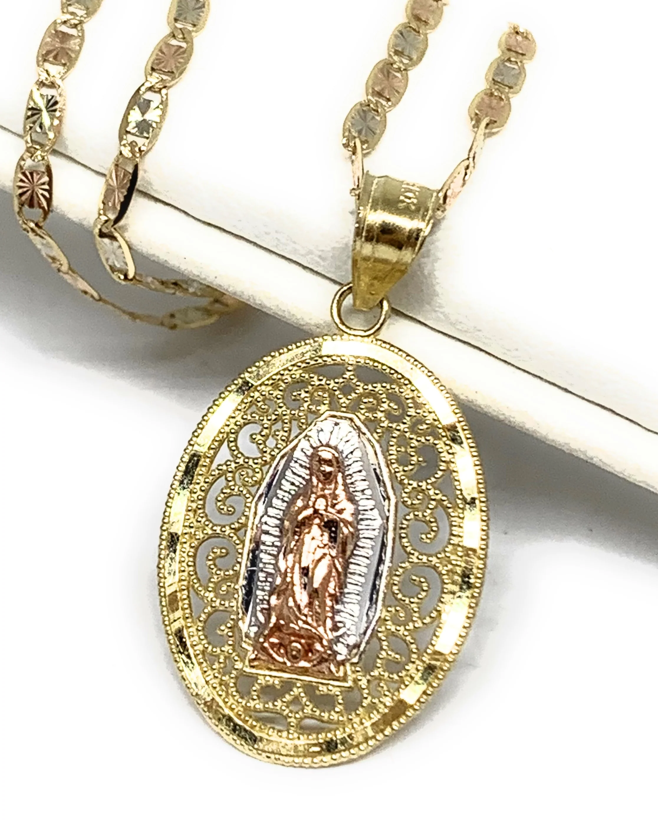 10k Solid Gold Tri-Color Virrgin Mary Filigran Pendant Virrgen Guadalupe Tri-Color Chain - Image 3