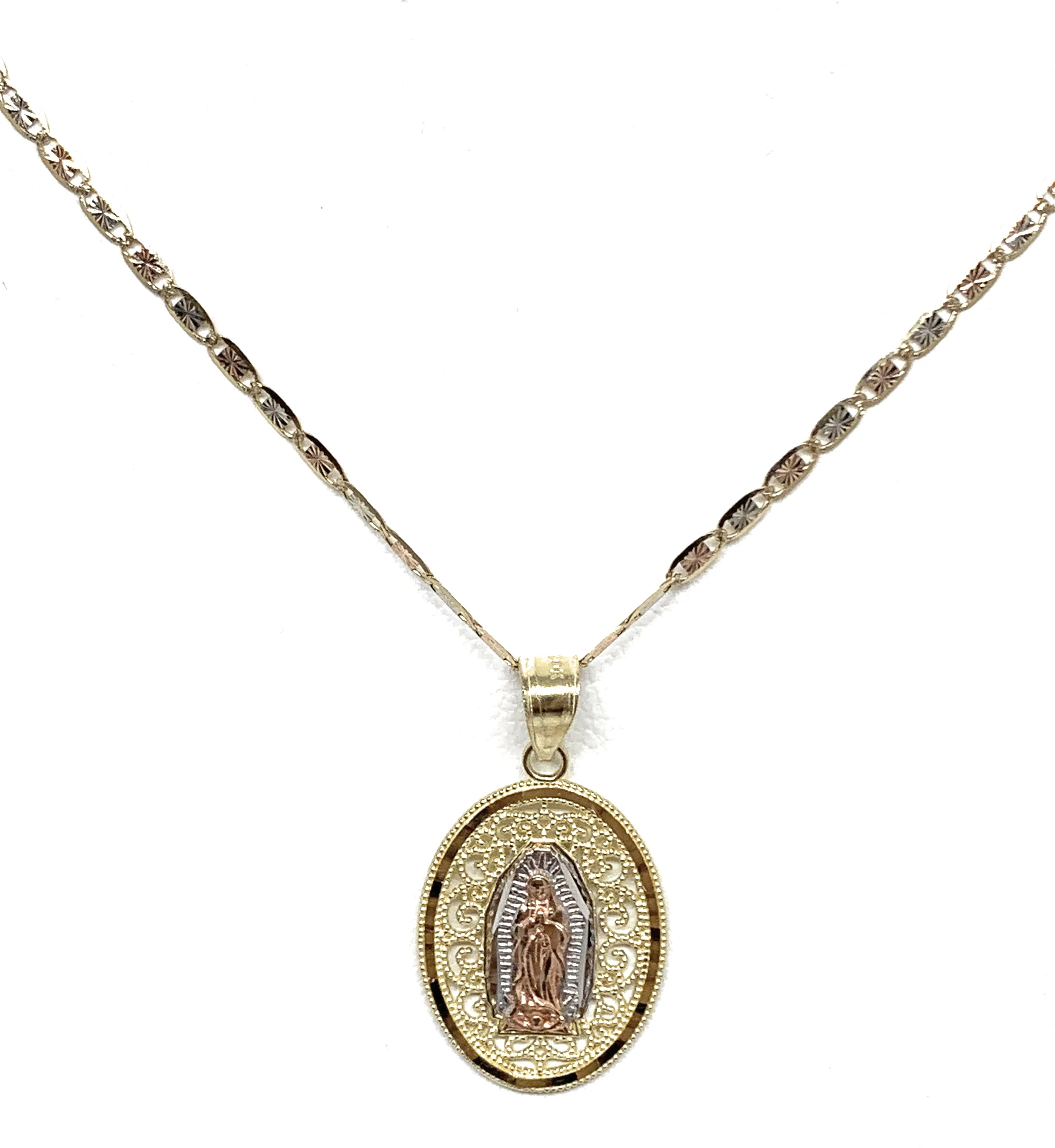 10k Solid Gold Tri-Color Virrgin Mary Filigran Pendant Virrgen Guadalupe Tri-Color Chain - Image 5