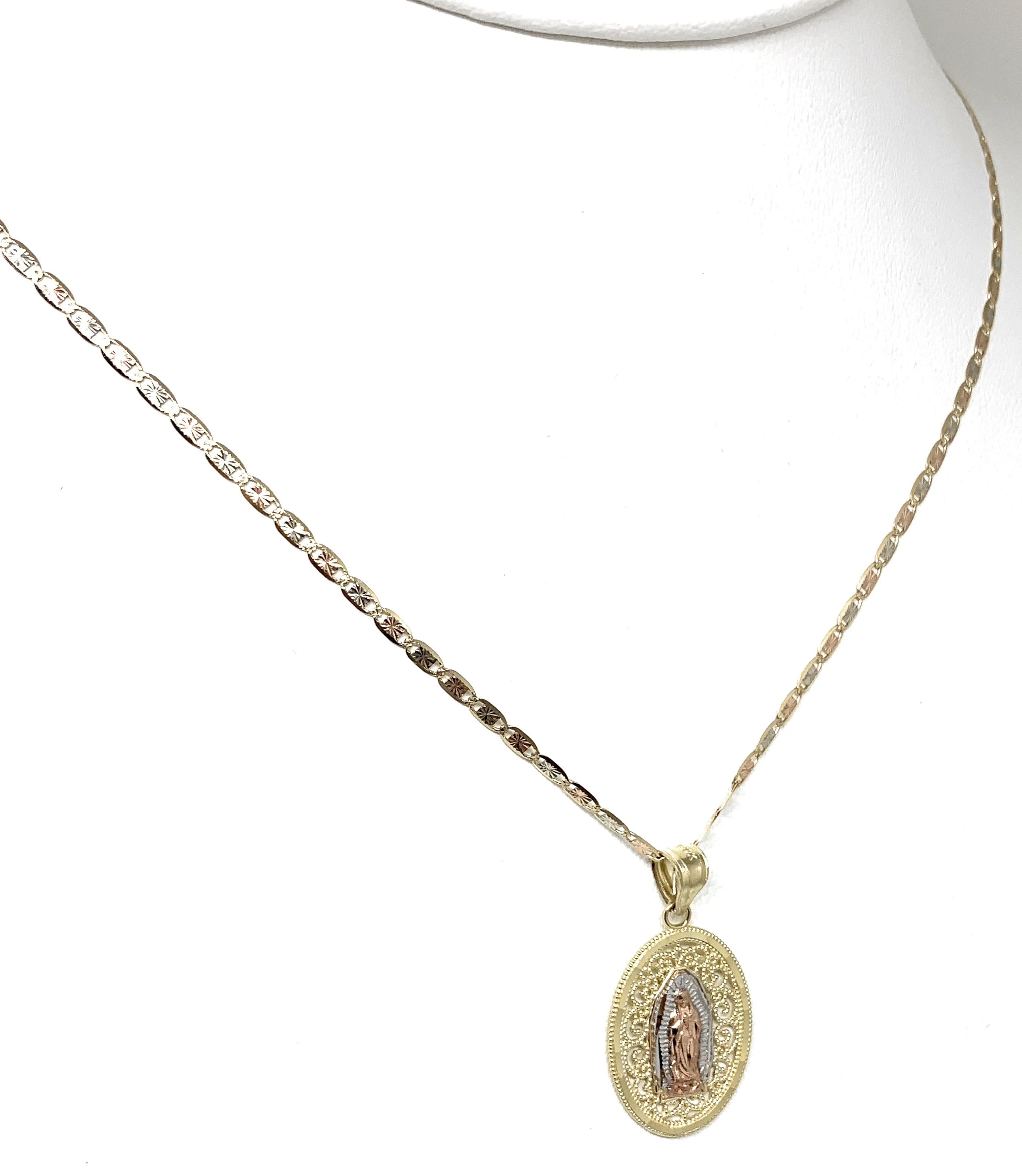 10k Solid Gold Tri-Color Virrgin Mary Filigran Pendant Virrgen Guadalupe Tri-Color Chain - Image 6