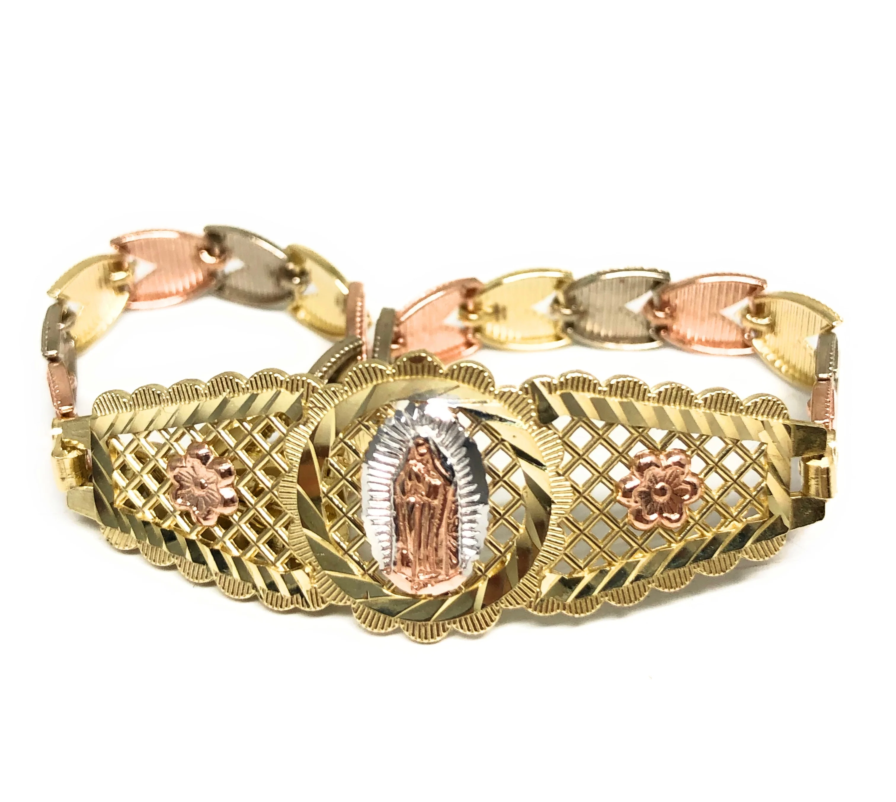 10k Solid Gold Tri-Color Virrgin Mary Flower Brracelet 7.2 inch Virrgen Guadalupe - Image 2