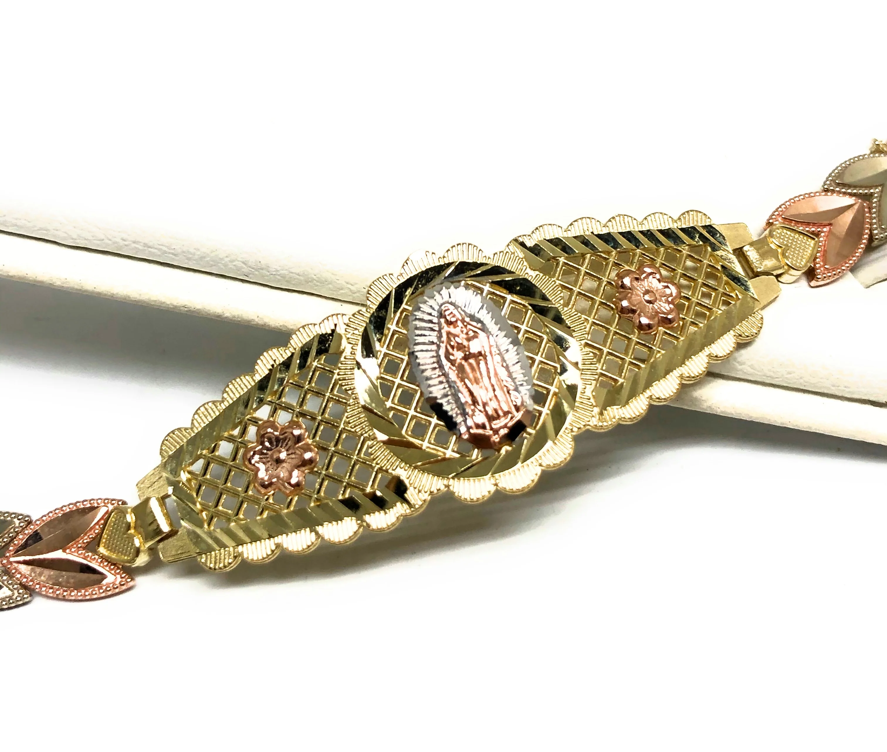 10k Solid Gold Tri-Color Virrgin Mary Flower Brracelet 7.2 inch Virrgen Guadalupe - Image 3