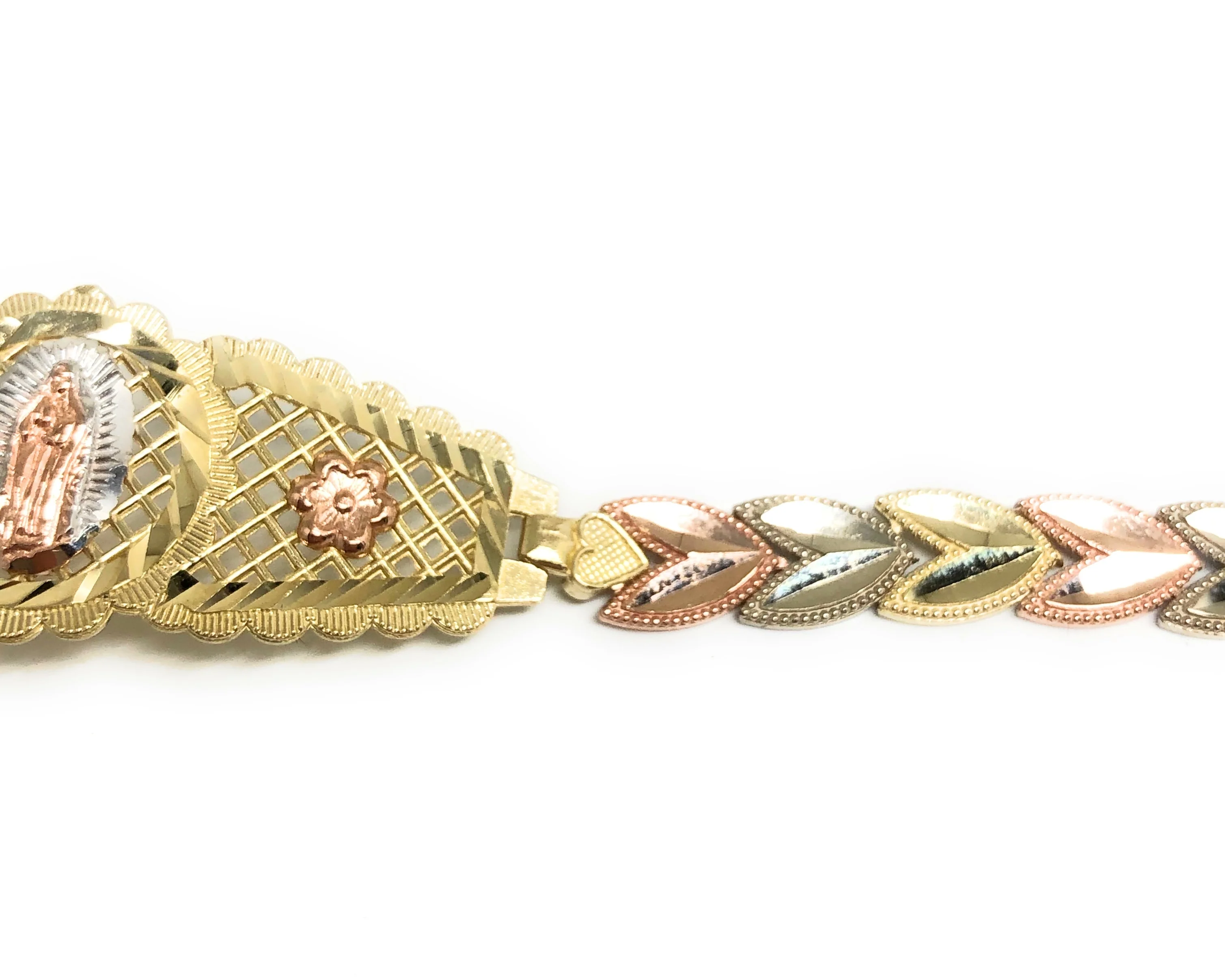 10k Solid Gold Tri-Color Virrgin Mary Flower Brracelet 7.2 inch Virrgen Guadalupe - Image 4