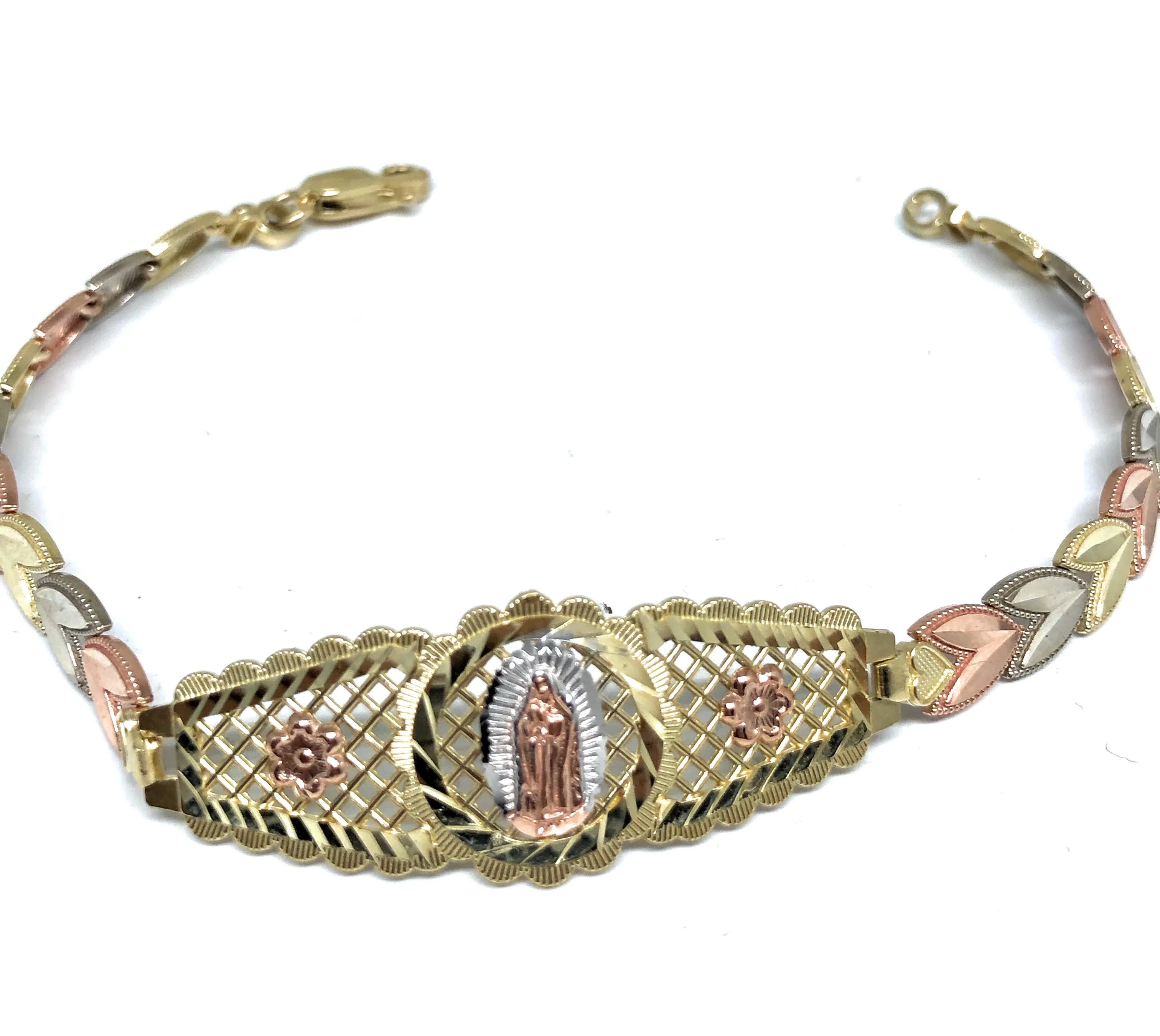 10k Solid Gold Tri-Color Virrgin Mary Flower Brracelet 7.2 inch Virrgen Guadalupe - Image 5