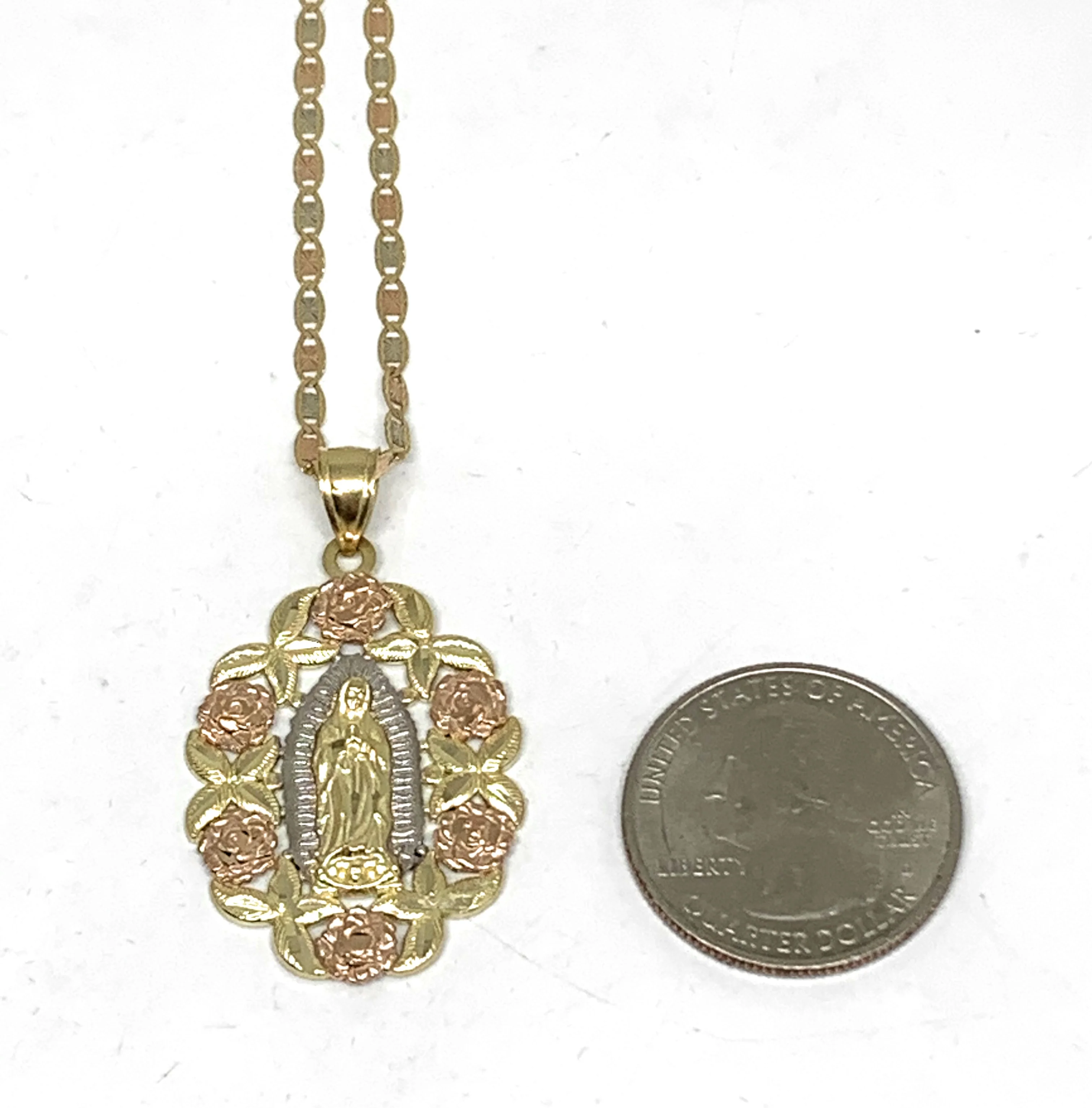 10k Solid Gold Tri-Color Virrgin Mary Flower Pendant Necklace Virrgen Gaudalupe Valentina Chain (LG) - Image 3