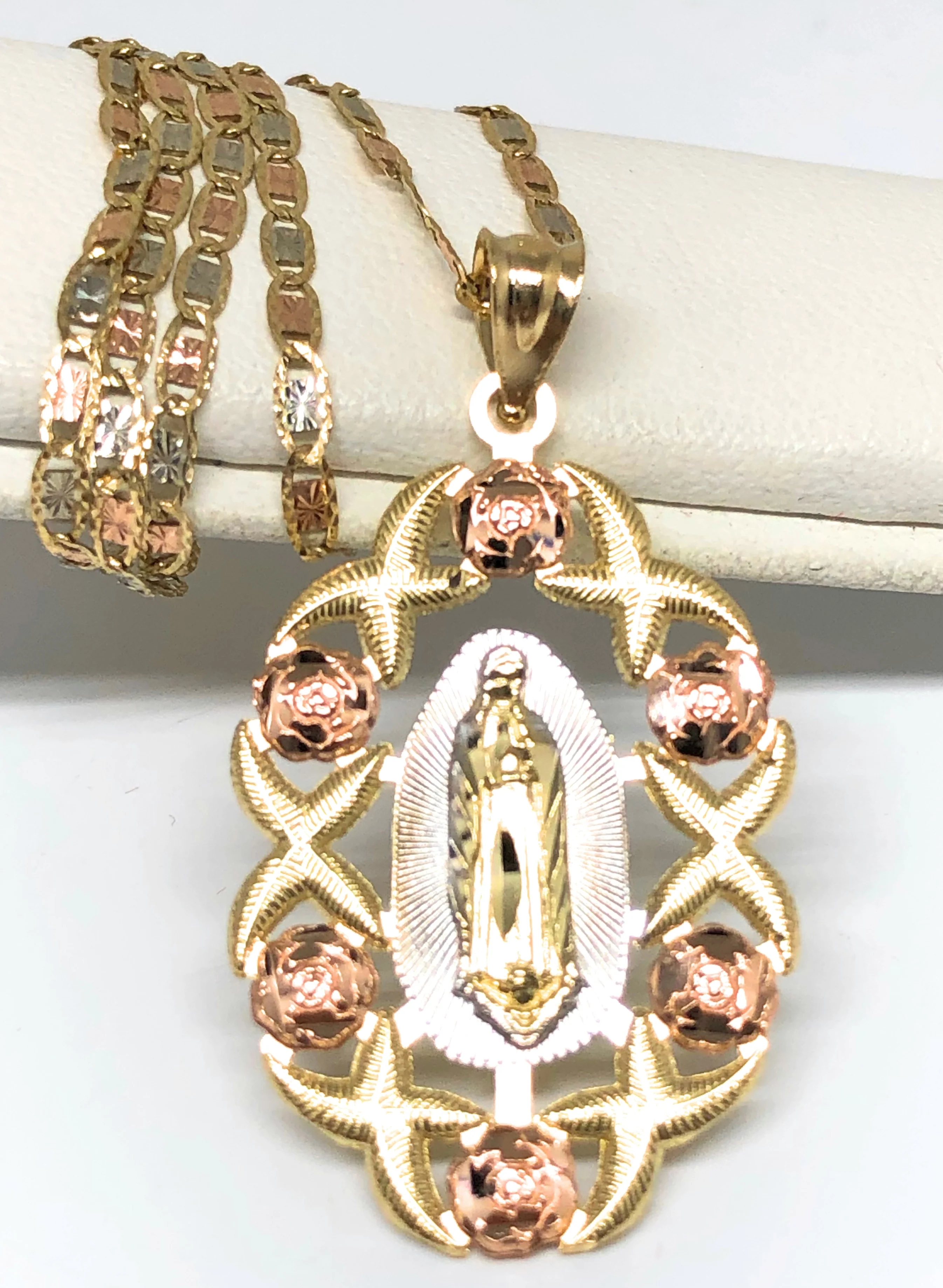 14k Solid Gold Tri-Color Virrgin Mary Flower Pendant Necklace Virrgen Gaudalupe Valentina Chain (MED,LG) - Image 3