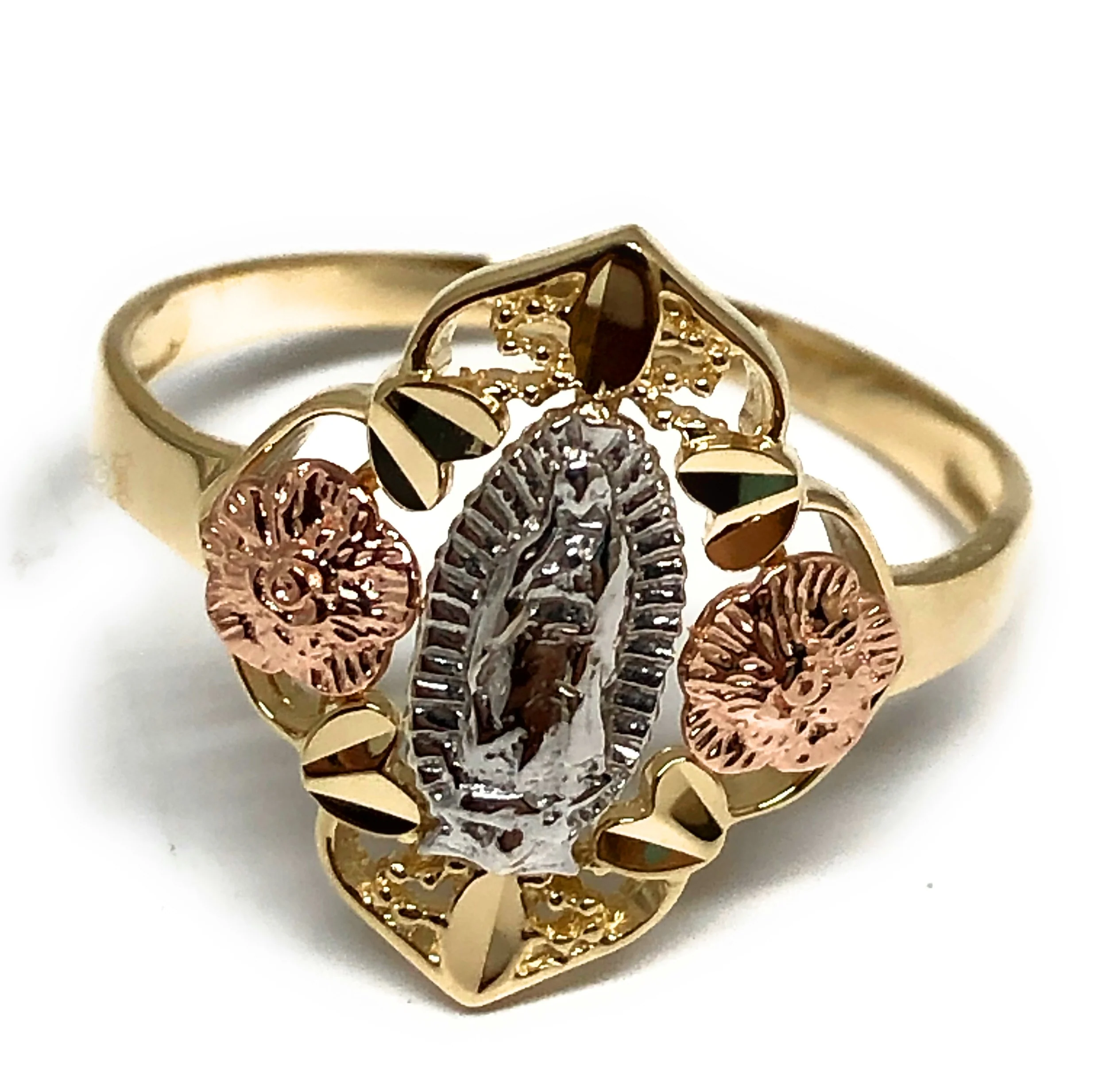 10k Solid Gold Tri-Color Virrgin Mary Flower Ring (FC 17)