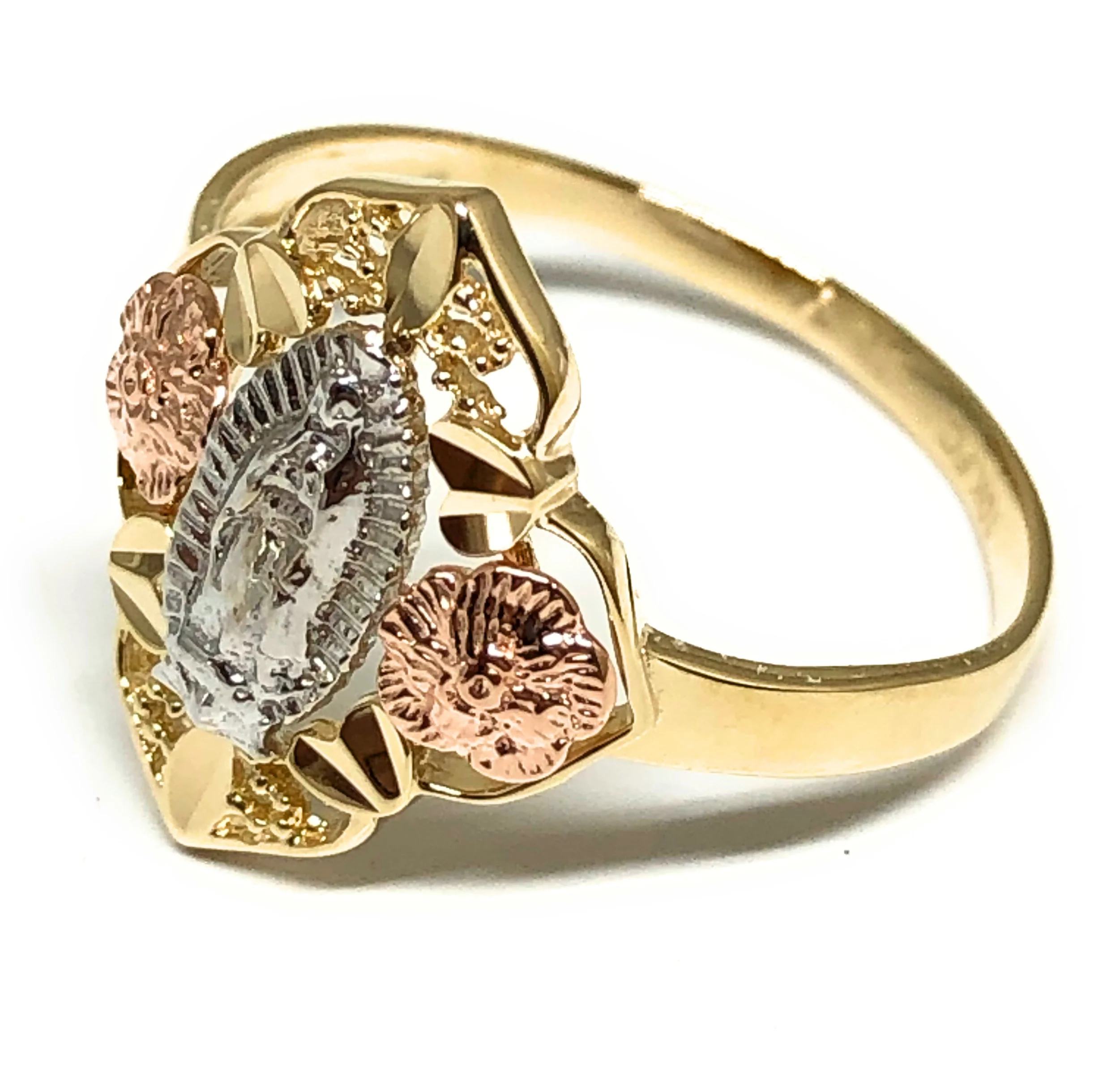 10k Solid Gold Tri-Color Virrgin Mary Flower Ring (FC 17) - Image 2