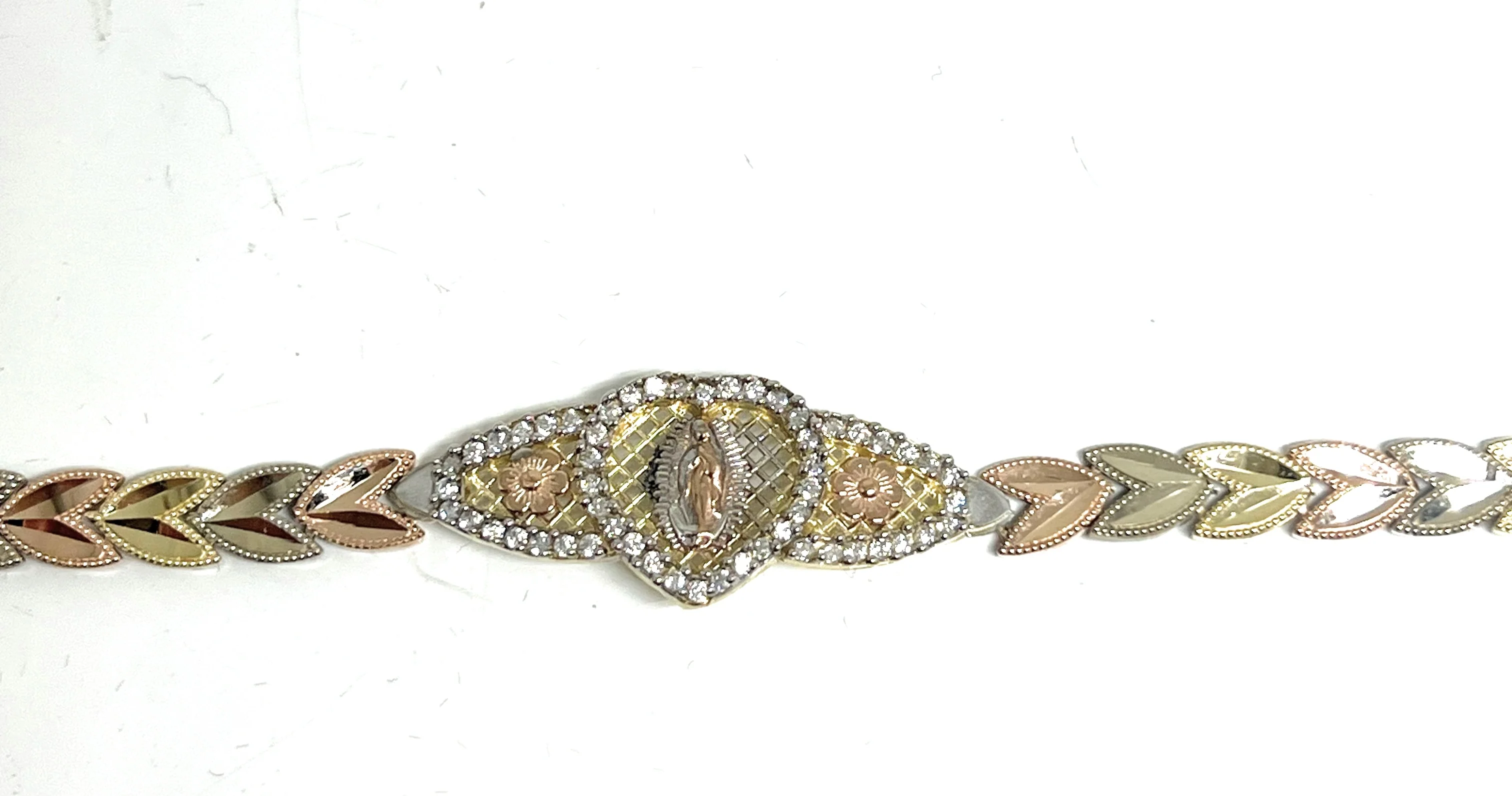 14k Solid Gold Tri-Color Virrgin Mary HEART Brracelet 7.25 inch Virrgen Guadalupe - Image 5