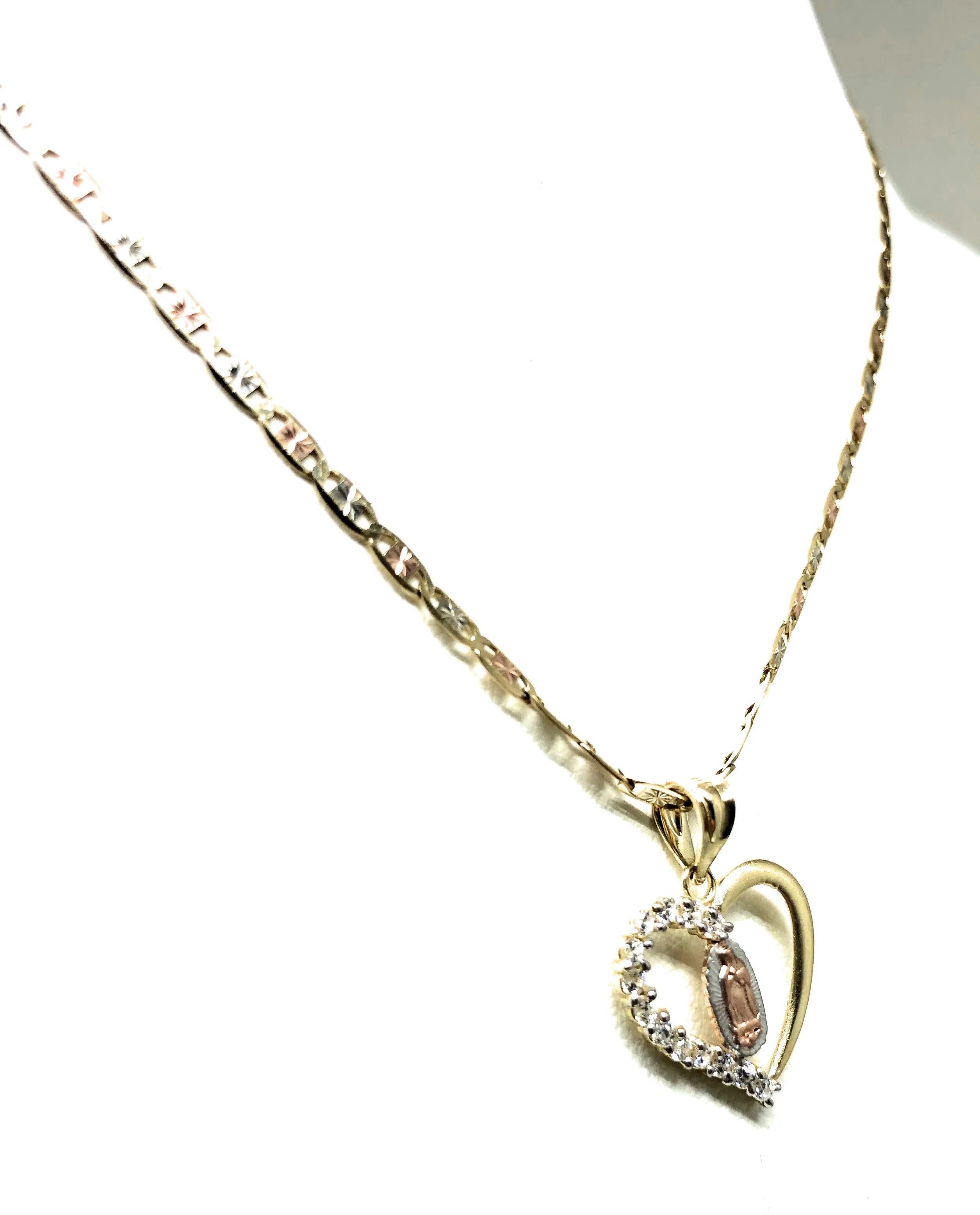 10k Solid Gold Tri-Color Virrgin Mary Heart CZ Pendant Necklace Virrgen Gaudalupe Valentina Chain - Image 6